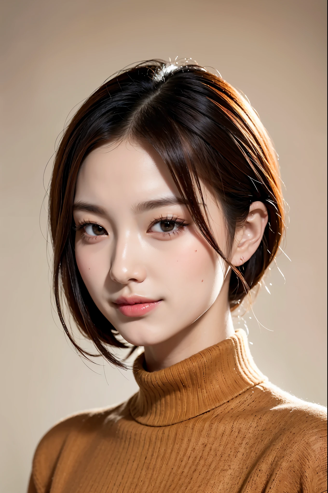 Realistic, masterpiece, highest quality, highest resolution, one japanese woman, A happy smile, beautiful detailed eyes, black eyes, thin eyebrows, Make your eyelashes delicate, false eyelashes, orange eyeliner, Lipstick is a light color, short hair, Hair color is light brown, Carefully draw the face,  Simple design black turtleneck sweater、portrait background, upper body photo