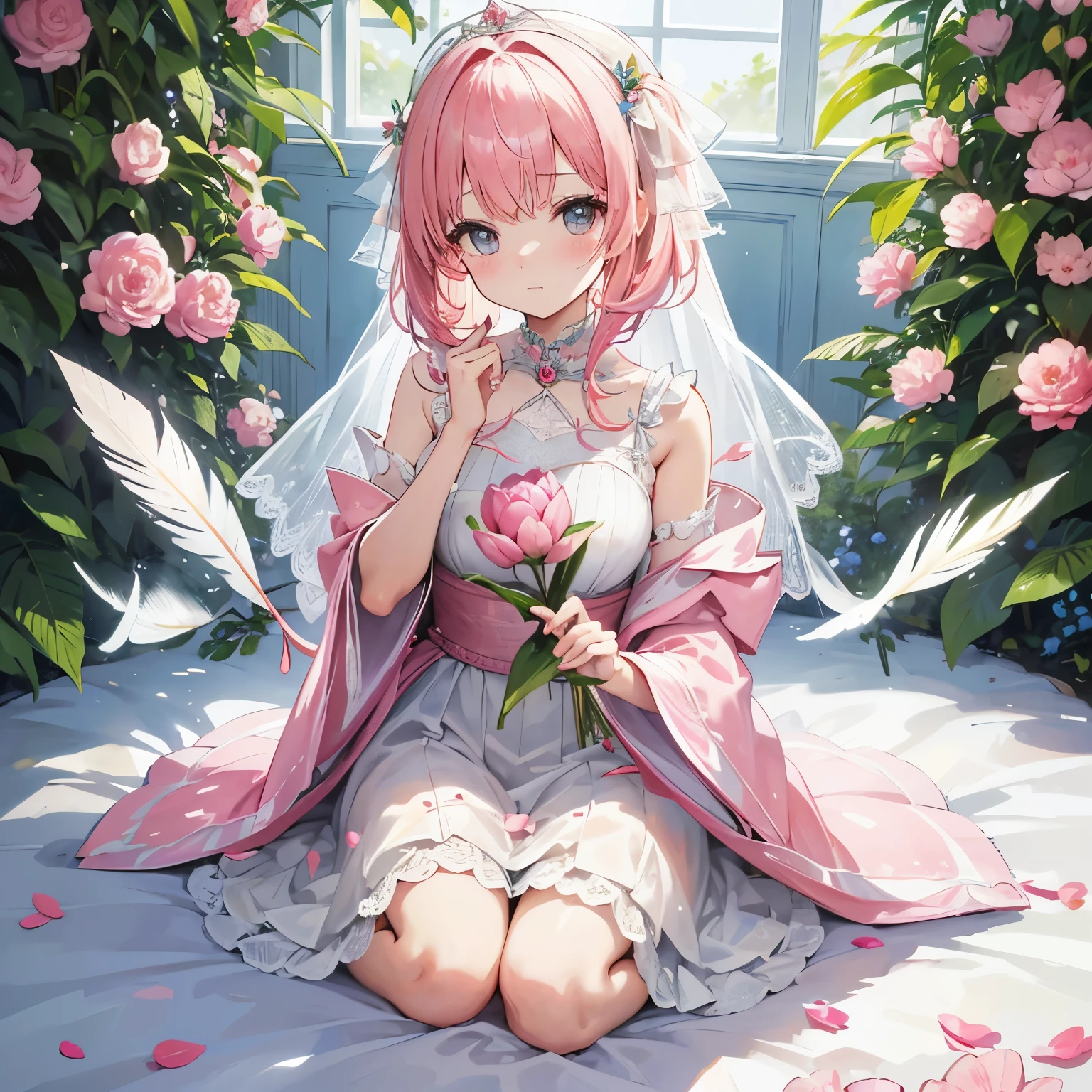 watercolor style illustration, hair ribbon, tulip, tulip and girls, dream, pastel colour, cute, wonderful, cute girl with fluttering petals, pink image and pink hair、たくさんのtulip、tulipイメージのドレス、tulipを逆さまにしたようなドレススカート部分、pearl decoration、white and pink、very light pink hair、Thick coating、Fluffy clothes、breeze、spring、tulipの花冠、Hand-drawn illustrations、sit in a big chair、goblin、light pink transparent feathers、tulip模様の羽、translucent feathers、clothes like wedding dress