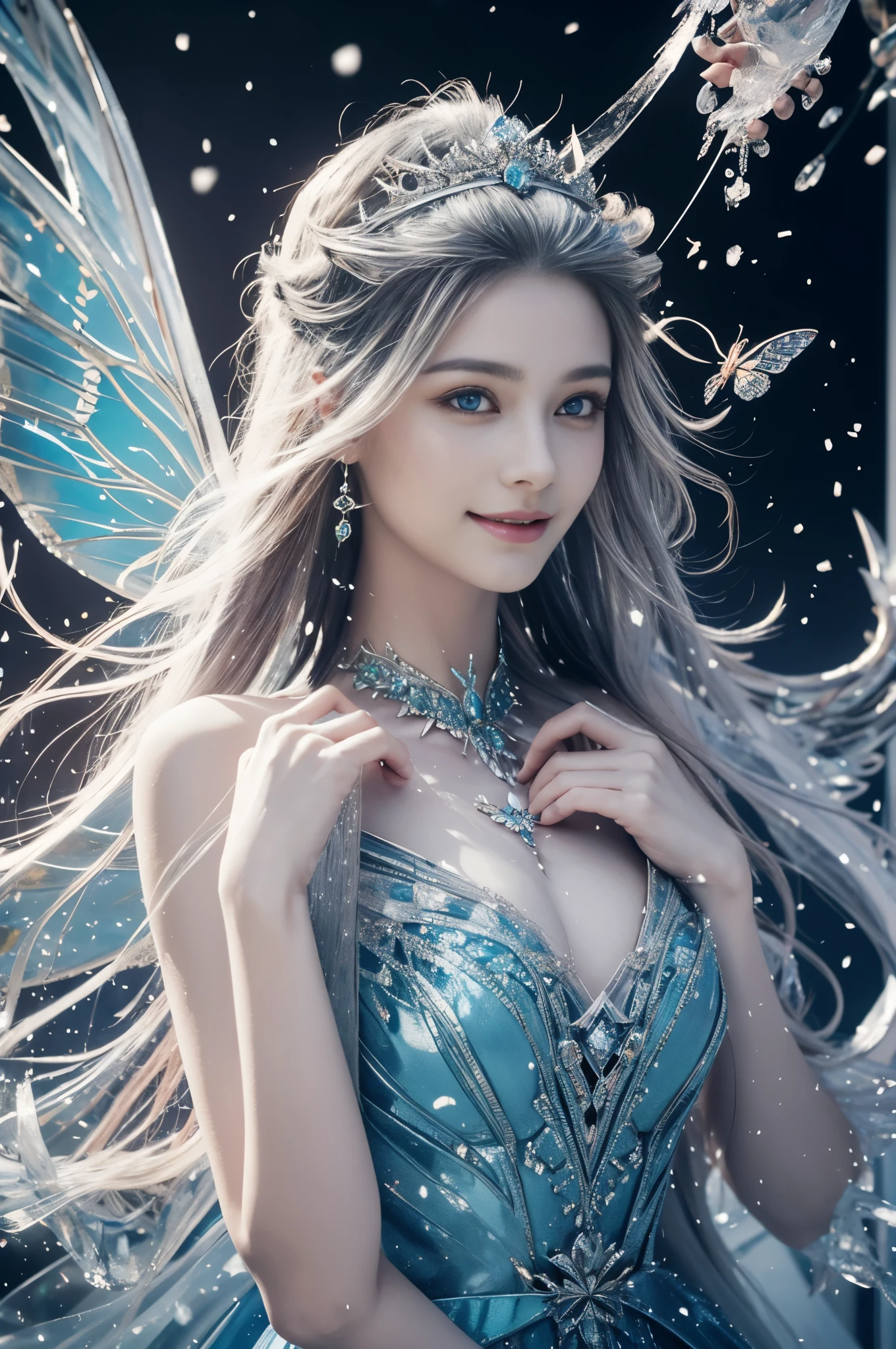 a close up of a woman with long hair and a butterfly in her hand, beautiful, detailed, beautiful girl, beautiful woman, beautiful artwork, smiling as a queen of fairies. She is the goddess of ice, create a backdrop in a very magnificent ice palace, dressed like an ice goddess who has very deadly ice magic, her eyes are very sharp But gentle, the goddess is very innocent, creates a very scary ice magic effect, very beautiful face, unmatched in the world. Complete whole body, without exception