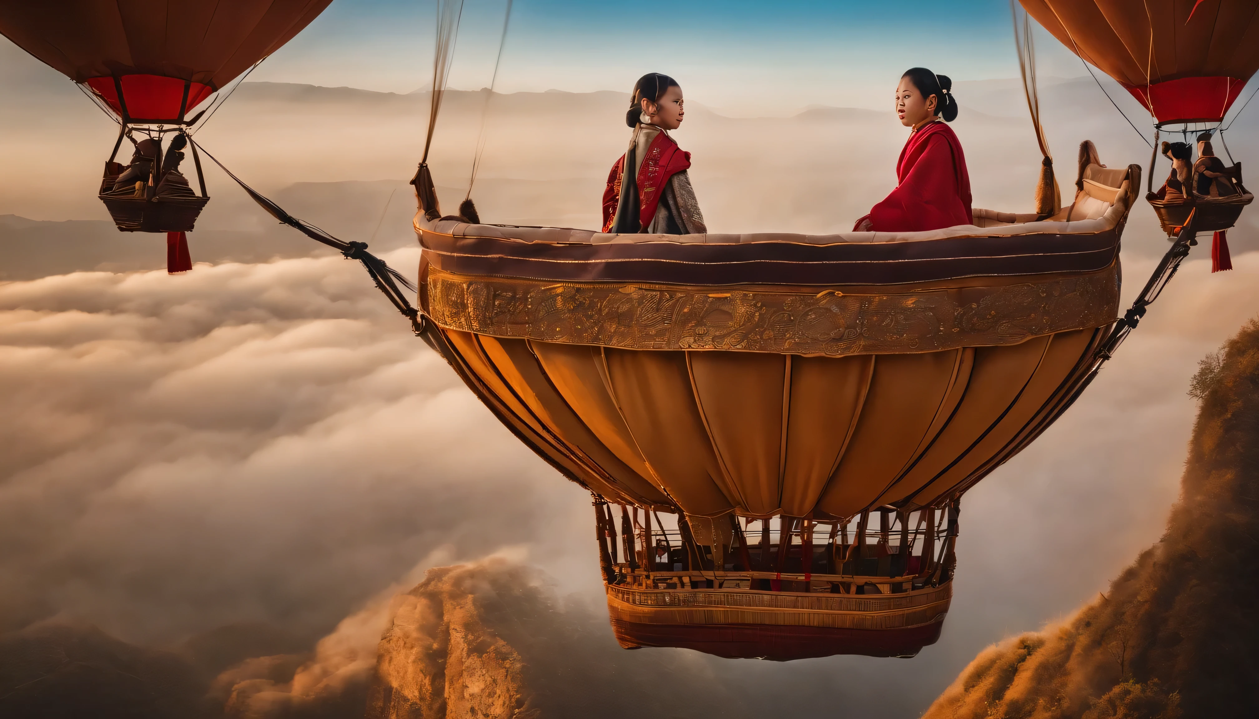 A child sits inside a hot air balloon,Character bust shot,Chang'an City during the Tang Dynasty in China,ancient architecture,looking down camera,The sky is clear,