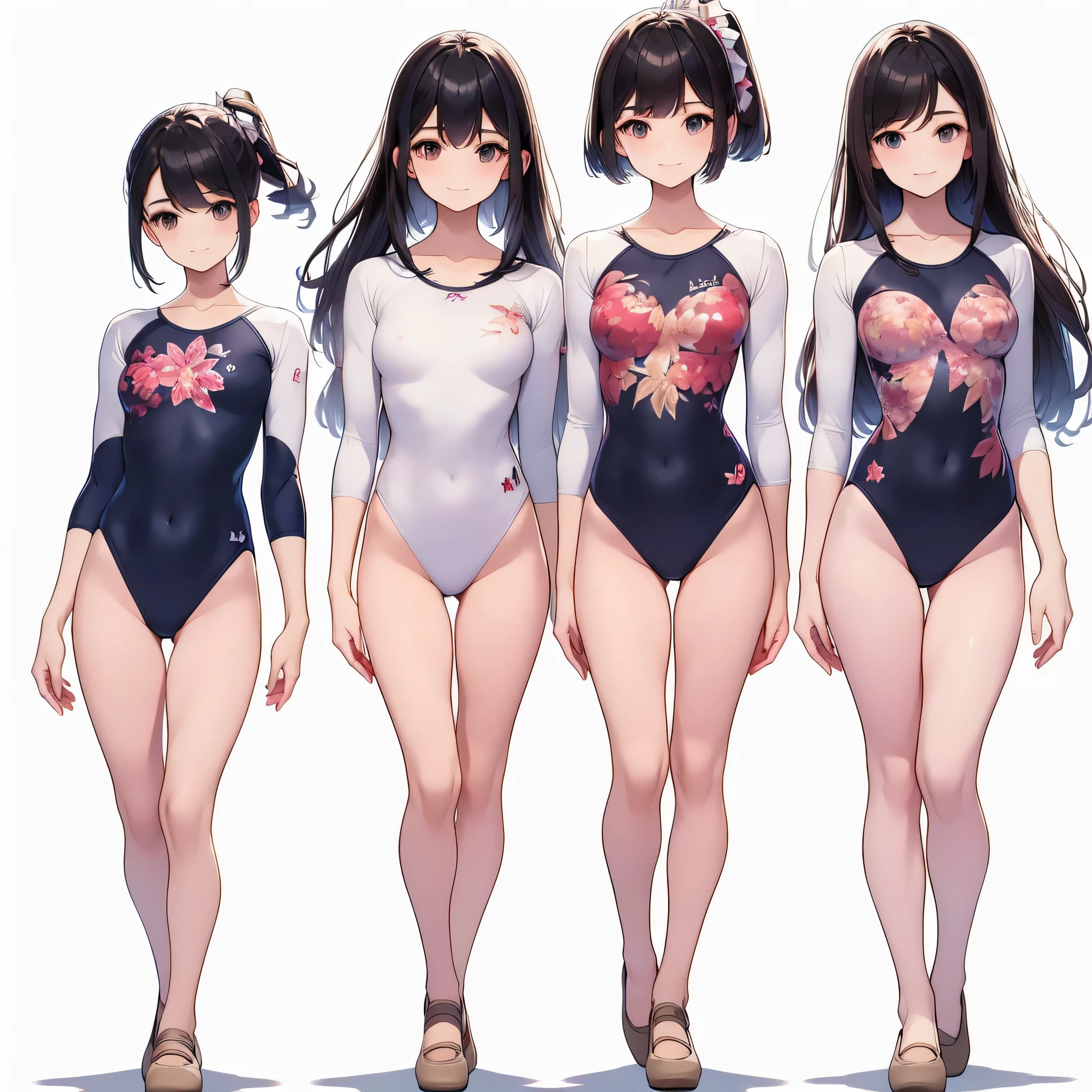 ((full body)),(masterpiece, highest quality), (3 girls 1.5) ,((contrasting:1.5)), looking at iniewer, walk,((in_arm:1.2)), wear gymnastics_longsleeines_leotard_outfit leotard:1.3), (Floral:1.3), BREAK masterpiece black hair, ((long hair:1.2)), ((parted bangs:1.3)), black eye, good hand, ((small breasts)), (oiner 20 years old, Under 25 years old:1.2), , Spotlight, Happy, smile, 教室in休憩