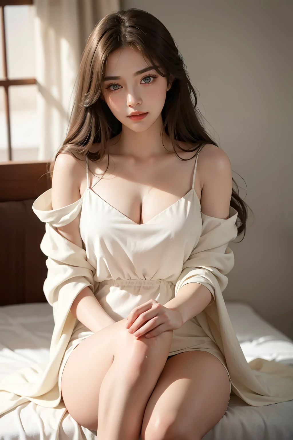 Best Quality, masutepiece, 超A high resolution, (Photorealistic:1.5), Raw photo, 1 mature girl, off shoulders, In the Dark, deepshadow, lowkey, cold light, Sexy look, long brown hair, Brown eyes,realskin