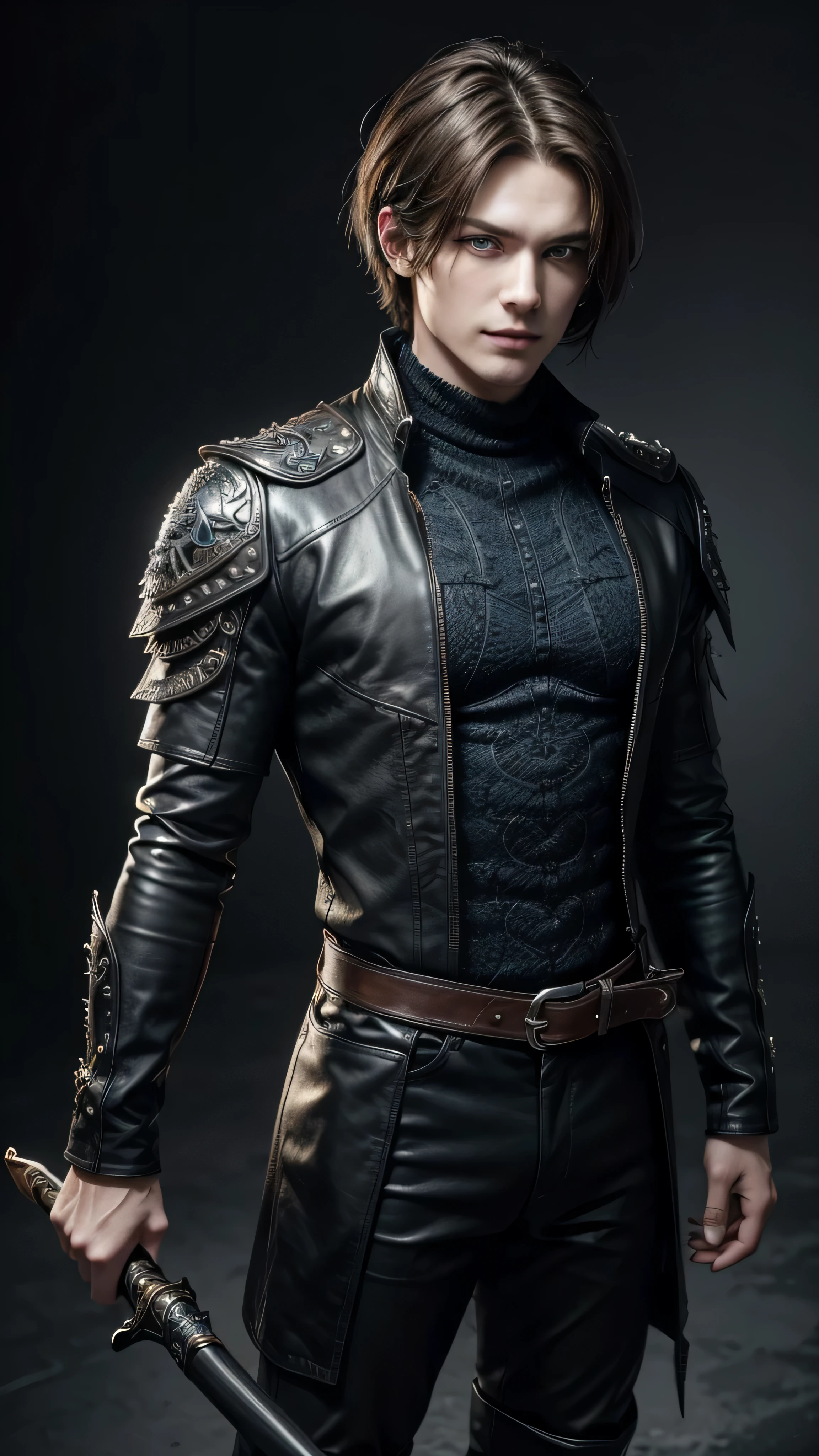 Unbeatable masterpiece, Ultra photo realism, Perfect artwork, Intricate details, Best quality, Strong light, High contrast, wearing long leather coat, sleeves up, black pants, black leather boots, Full Body, masculine body, badass, (Best quality) , (extremely detailed wallpaper CG unity 8k) , (best character detail:1.36), marshes, sword on his back, (delicated lines:1.24), (fantasy), (Cold light:1.2) , detailed eyes, hunter eyes, detailed eyeshadows, blue eyes, middle apart brown hair, looking at viewer, evil smile, 1man, matured man, (straight hair:1.3), (short hair:1.6) high high quality