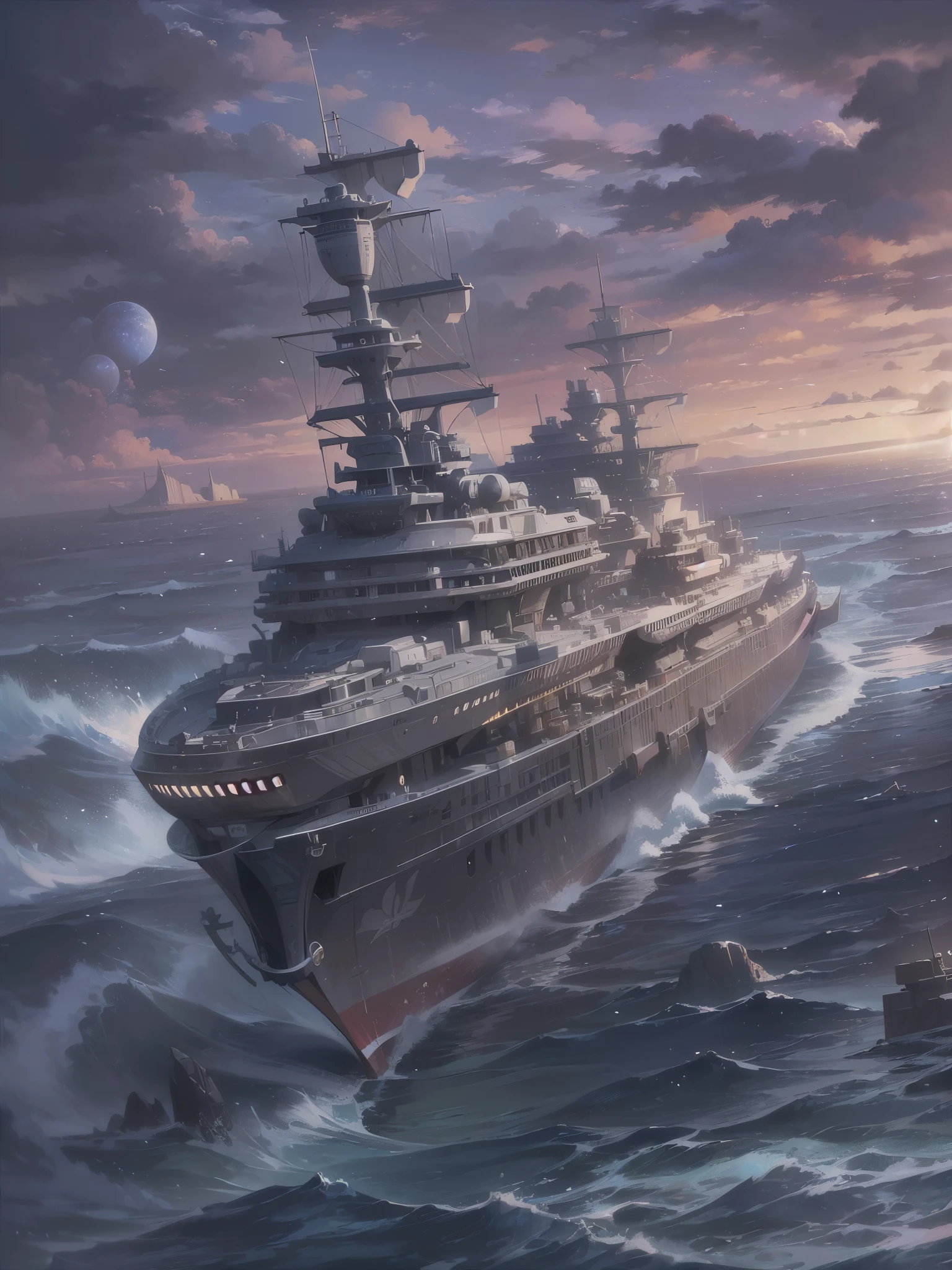 ((highest quality)),(ultra high resolution),(Super detailed),(detailed description),((best CG)),(best work of art),super precision art,amazing drawing art,(Sci-fi art with precise details:1.5), star々A space battleship rushing through the ocean:1.6