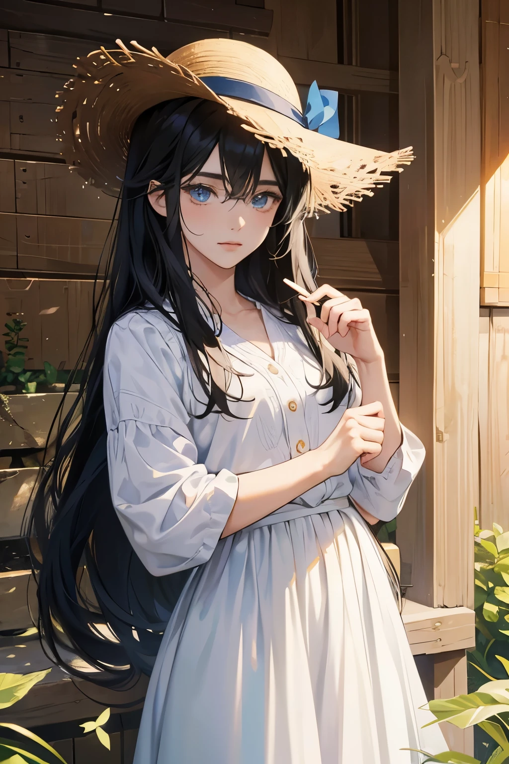 (Anime style: 1.2), man with a straw hat, deeply engrossed in a conversation with a girl, long black hair cascading down her back, their eyes locked in a moment of connection, the wall serving as a backdrop to their heartfelt exchange, finely detailed expressions etched on their faces, vivid color palette, intricately designed clothing, the man's hat casting an intriguing shadow on his face, the girl's hair shimmering under the sunlight, a subtle breeze adding to the scene's charm, the background adorned with intricate patterns and textures, a serene atmosphere permeating the image.