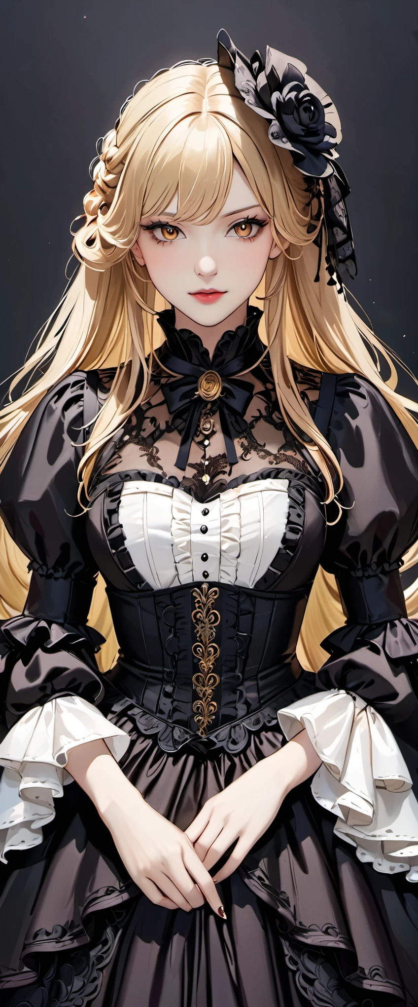 woman wearing dress and boots , baroque dress, wearing a detailed steampunk dress, elegant gothic princess, victorian gothic lolita fashion, historical baroque dress dark, black gothic lolita dress, fantasy style clothing, rococo dress, black rococo,  fantasy costume, wearing a gothic dress, romantic dress, gothic dress,blonde,,(((upper body portrait)))