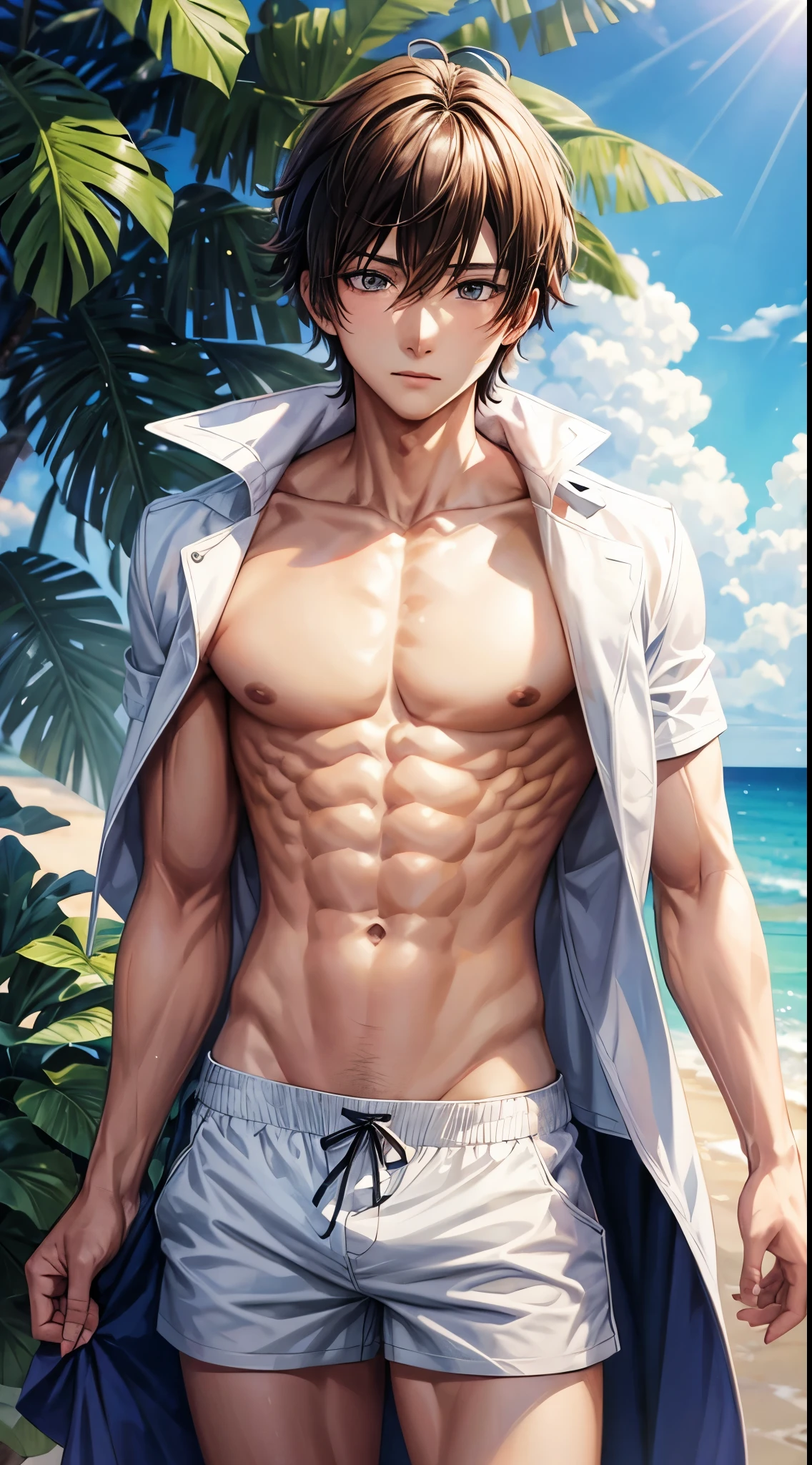 (one young man), (arms behind head), (big male genitals under pink men's bikini),  one handsome muscular young man, (Mt. Fuji with a lot of snow and many cherry Blossoms blooming, blue sky in the background), mischievous smile, (details: 1 1), natural muscles, high quality, beautiful eyes, (detailed face and eyes), (faceless: 1 2), noise, real photography、... PSD, Sharp Focus, High Resolution 8k, Real & Professional Photography, 8K UHD, Soft Lighting, High Quality, Film Grain, FUJIFILM XT3