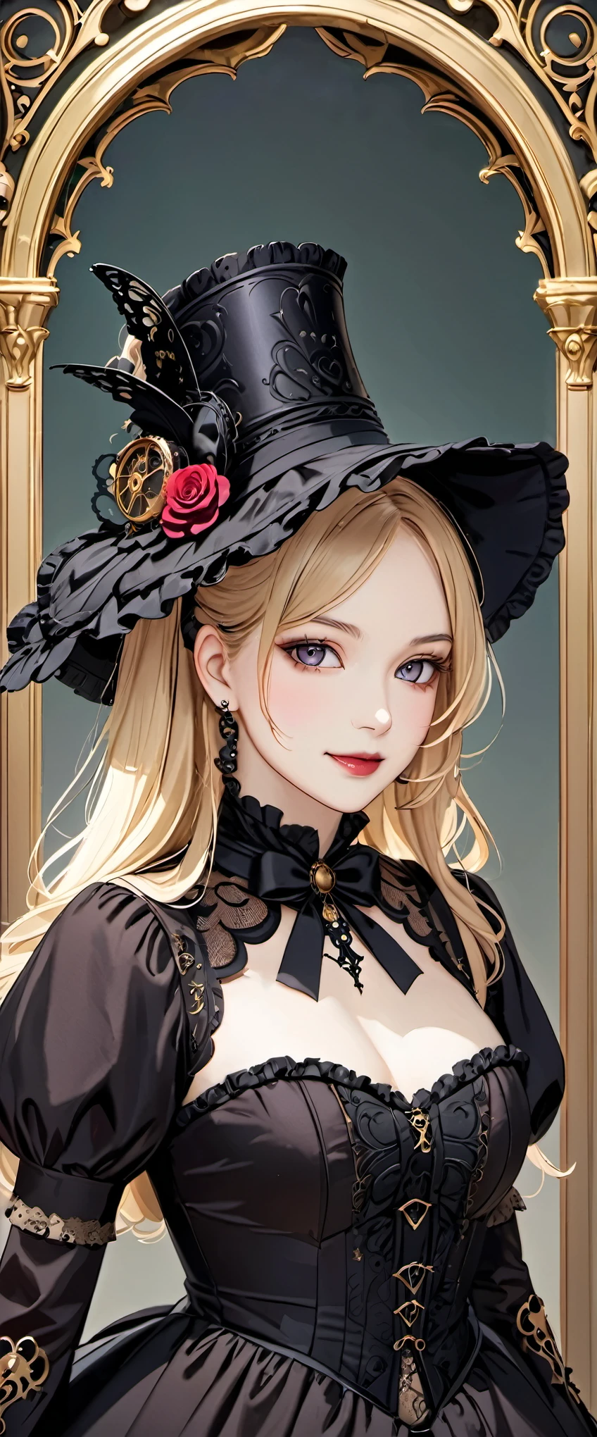 woman wearing dress and boots , baroque dress, wearing a detailed steampunk dress, elegant gothic princess, victorian gothic lolita fashion, historical baroque dress dark, black gothic lolita dress, fantasy style clothing, rococo dress, black rococo, fantasy costume, wearing a gothic dress, romantic dress, gothic dress,blonde,,(((upper body portrait)))smile