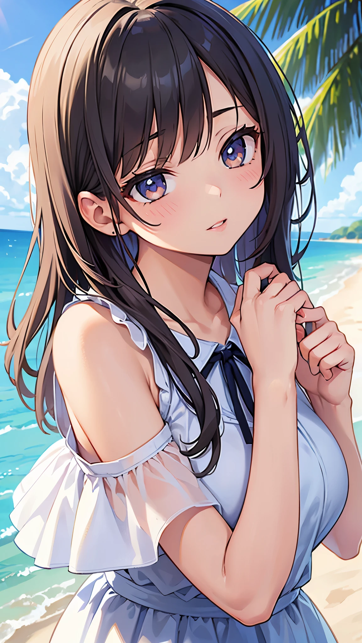 girl wearing summer clothes, top shot,((Self snap)), random background, kiss, beautiful, medium breasts, flirty look, ((very detailed)), (perfectly detailed face), (fine hands), photorealistic images.
