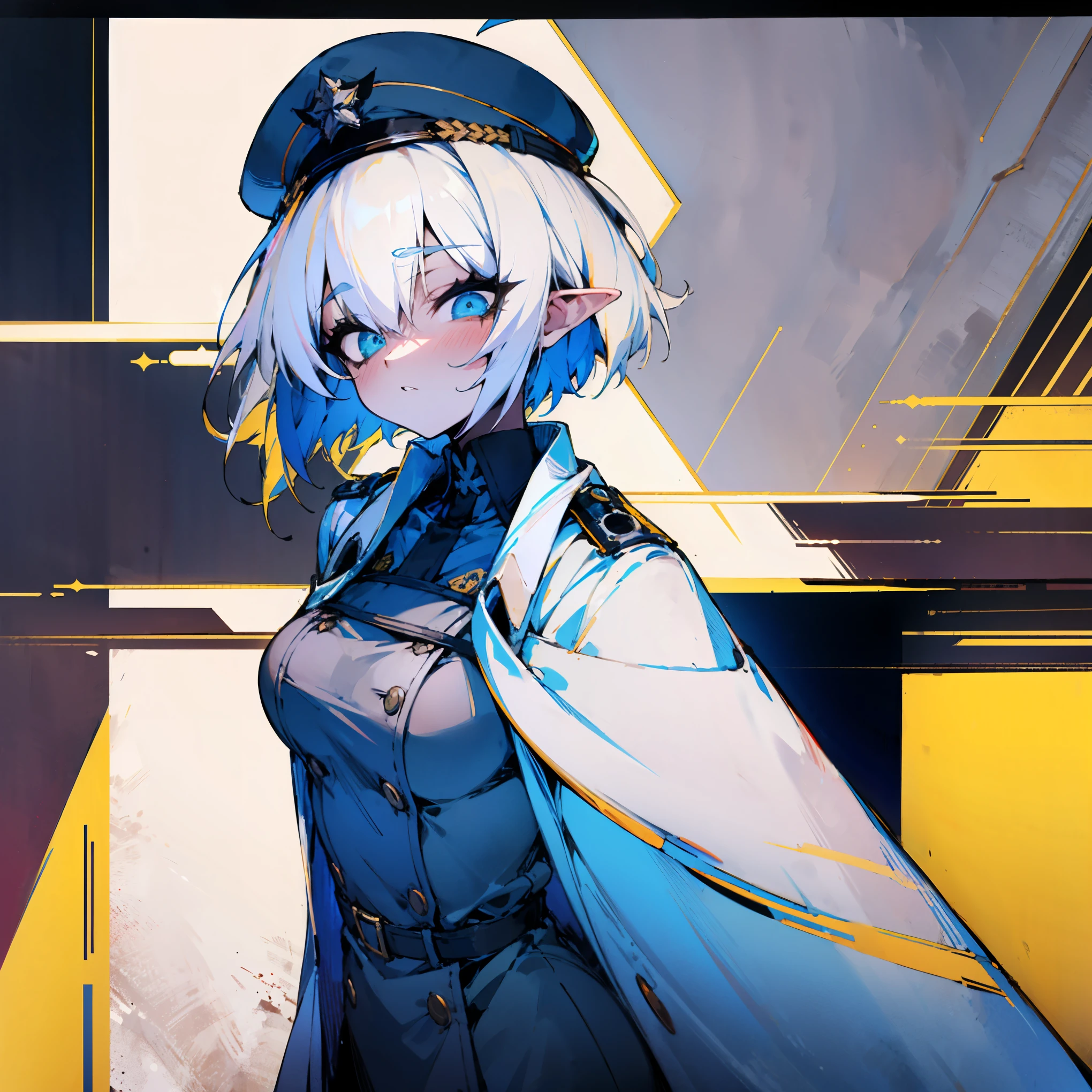 (Masterpiece, Top Quality, Best Quality, Official Art, Beauty and Aesthetics: 1.2), (Flat Color: 1.3), Very Detailed, Detailed Face and Eyes, Cinematic Light, SFW, Anime, Depth of Field, 1 Girl, Solo, Official, White Hair, Elf Ears, Short Hair, Blue Eyes, Black Eye Shadow, Medium Tits, White Beret, White Trenchcoat, Military, SS Officer, Buttoned Up