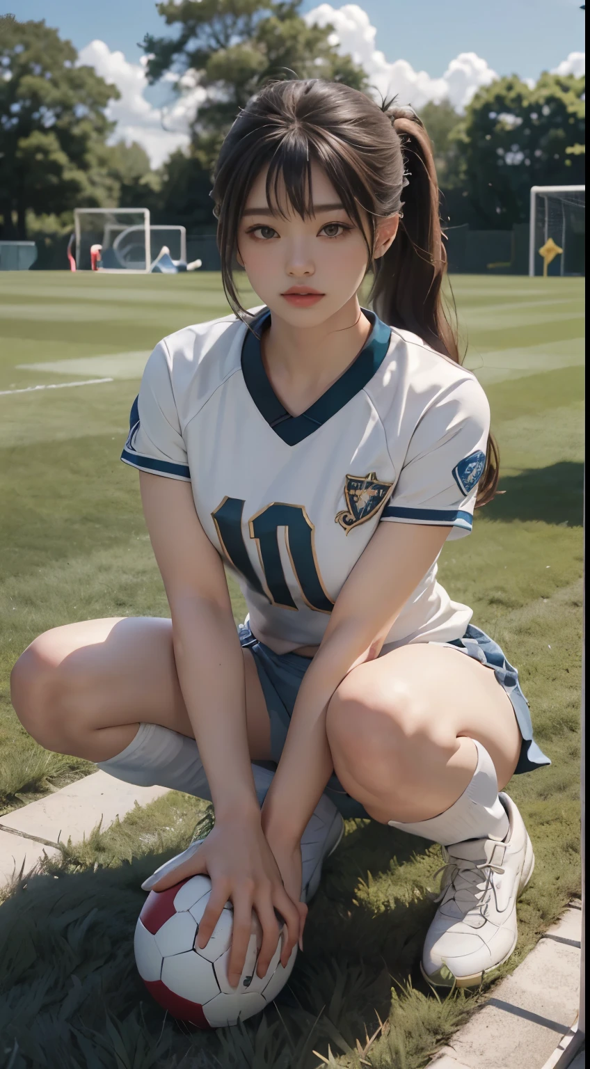 best resolution, 3 heads, Australian girl Instagram model three heads, 19 years old, youthful, soccer uniform, playing soccer, soccer field, day, braided hair, different hair colors, full-body view, full body shot