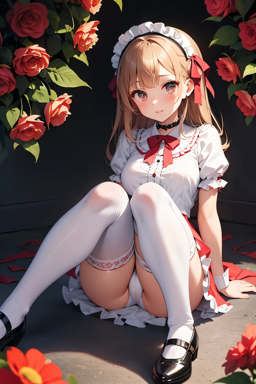 beautiful girl, cute, young, small limbs, big breasts, troubled face, large ribbon on the head, slim ta fashion, Thin maid clothes, mini skirt、Thin white tights, frills, clothes with lots of ribbons, frillsのついた薄い服, (pure white panties), knee socks with ribbon, knee high socks, red shoes, choker, highest quality, masterpiece, High resolution, 4k, 超A high resolution, Photoreal:1.4, symmetrical eyes, whole body, fold your arms behind your back, spread your legs, angle from below, flower garden