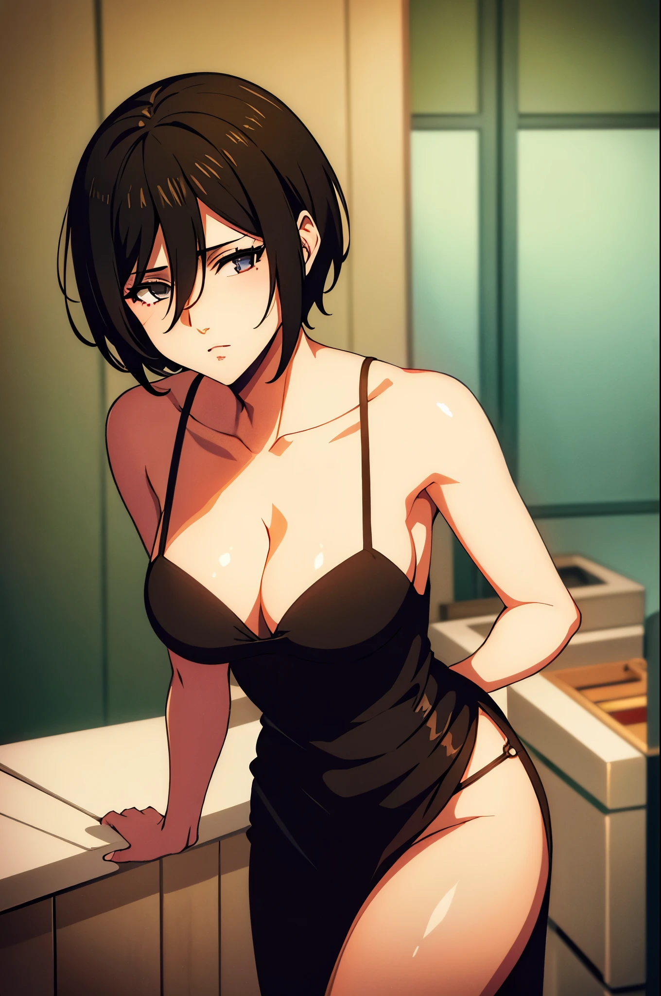 
masterpiece,best quality,1girl,,mikasa ackerman,short hair between eyes,black dress,mature woman,tube dress,looking at viewer,short hair,cleavage