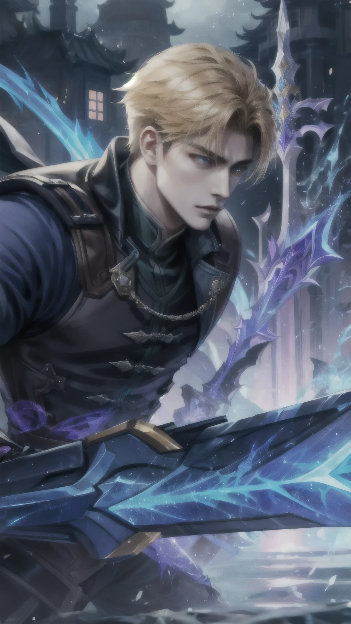 a close up of a person holding a sword in a city, heise jinyao, arcane jayce, official splash art, splash art, mobile legends, ezreal (league of legends, inspired by Huang Shen, thertrevkaiser, tane skin, wild rift, mobile wallpaper, style of kieran yanner, portrait of fin wildcloak