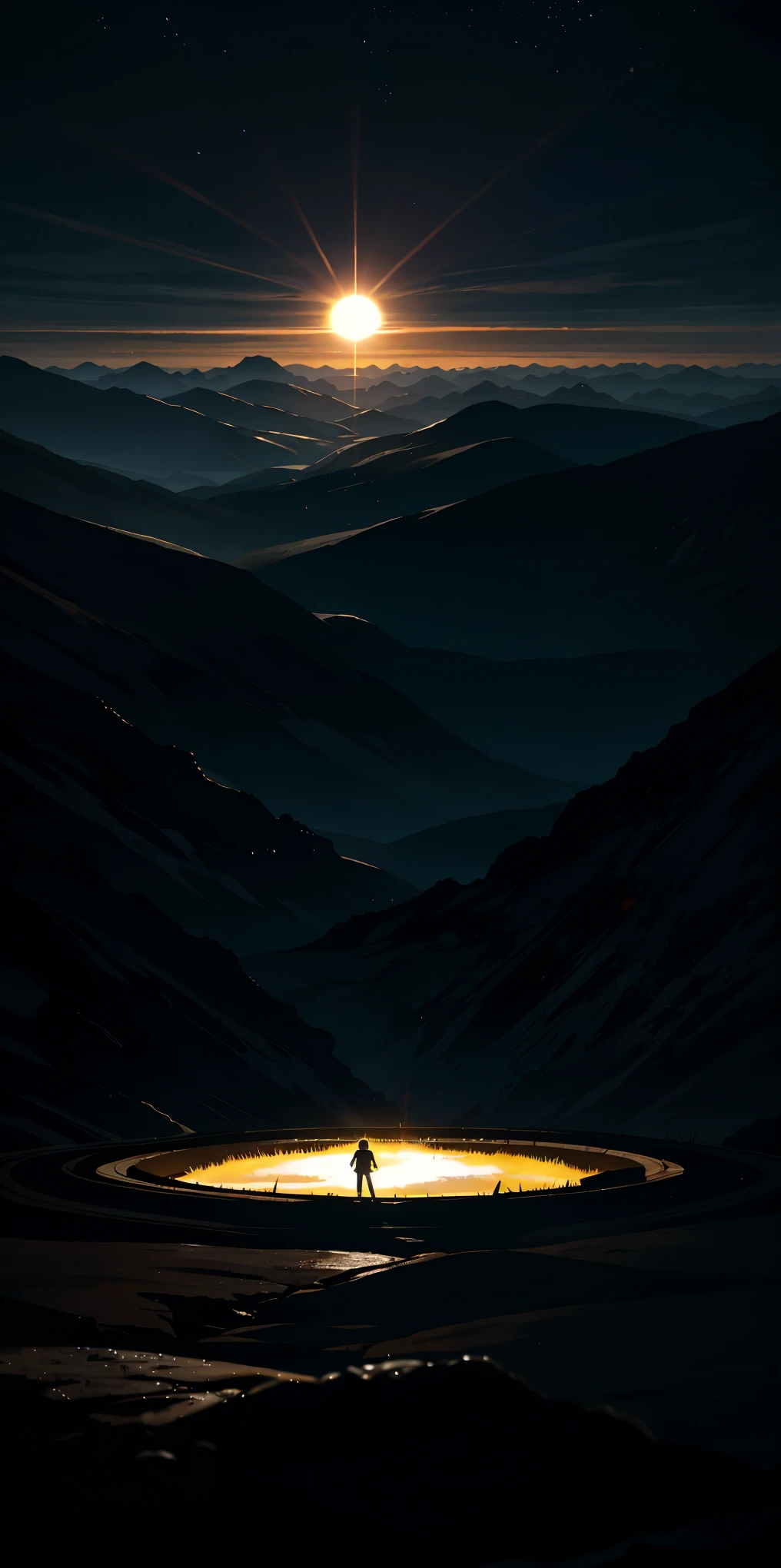 overlooking,abyss,dark,slight light,in a huge valley,A huge circular pit,It was pitch black in the pit,The sun overhead does not shine