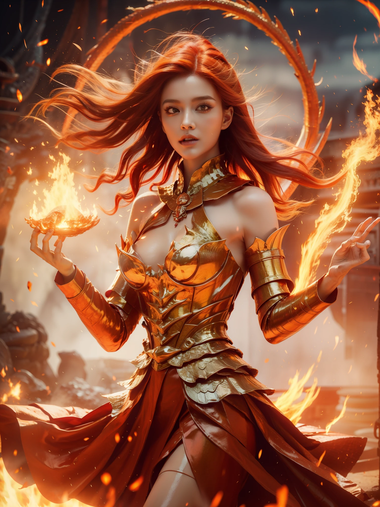 woman with red hair and a red dress, fire mage, appears as the fire goddess, goddess of fire, holy fire spell art, fire goddess, the fire queen, she has fire powers, flame spell, fire spell, fiery aura, flame conjuring armored, hot fire goddess, the butterfly goddess of fire, lava and fire goddess, 4k, clear picture. The fire is bigger, it also creates a fire effect around her body Make a dragon in the background, the dragon is a very great and powerful fire dragon god, With bursts of fire