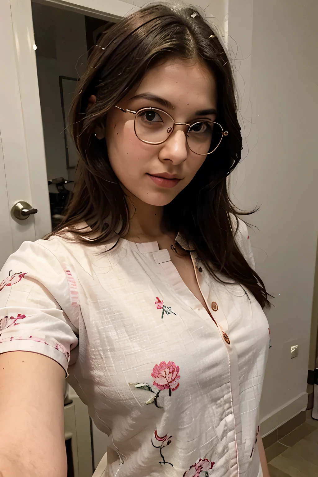 A girl wearing spec . She is around 16 years height is around 153cm she is tooper she studied in 9 wearing chikankari kurti in pink coloured kurti and her coloured in white tone clicking selfie