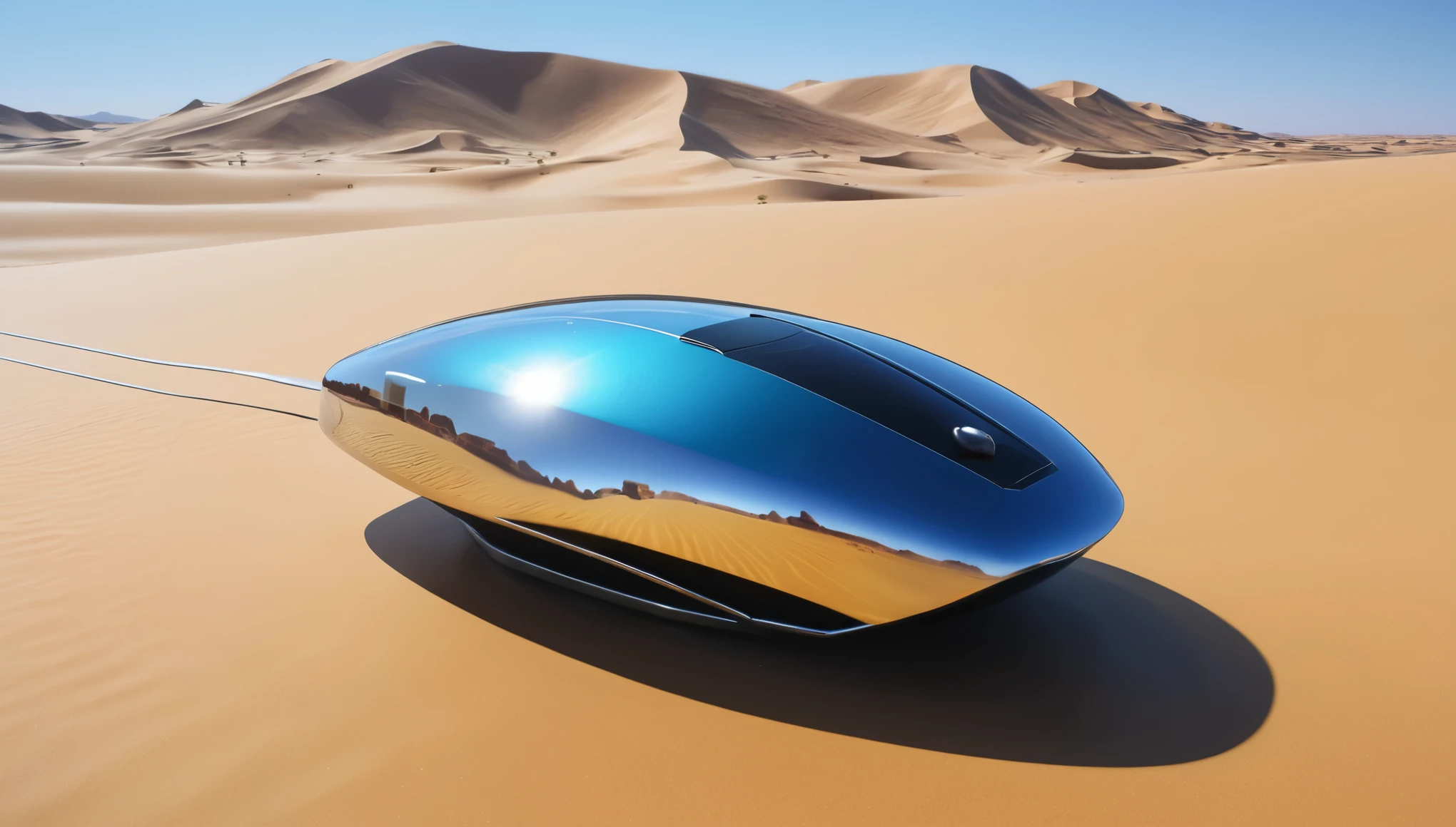 (best quality,4k,8k,highres,masterpiece:1.2), ultra-detailed, (realistic,photorealistic,photo-realistic:1.37), small shiny spaceship, ((computer mouse shape)), 2 seats, flying above the desert, desert landscape, illuminated by warm sunlight, clear blue sky, sand dunes stretching far into the distance, subtle wind blowing sand particles, sparkling chrome exterior, sleek and aerodynamic design, curved edges and smooth lines, polished metal surfaces reflecting sunlight, futuristic cockpit window, panoramic view of the desert below, control panel with blinking lights and holographic displays, comfortable and ergonomic seats, black leather upholstery, illuminated buttons and switches, advanced navigation system, pilot and copilot wearing sleek black uniforms, protective helmets with transparent visors, spaceship hovering effortlessly above the sandy desert, casting a shadow on the golden sand, leaving behind a trail of shimmering blue particles, blending seamlessly with the azure sky, creating a surreal and awe-inspiring scene.