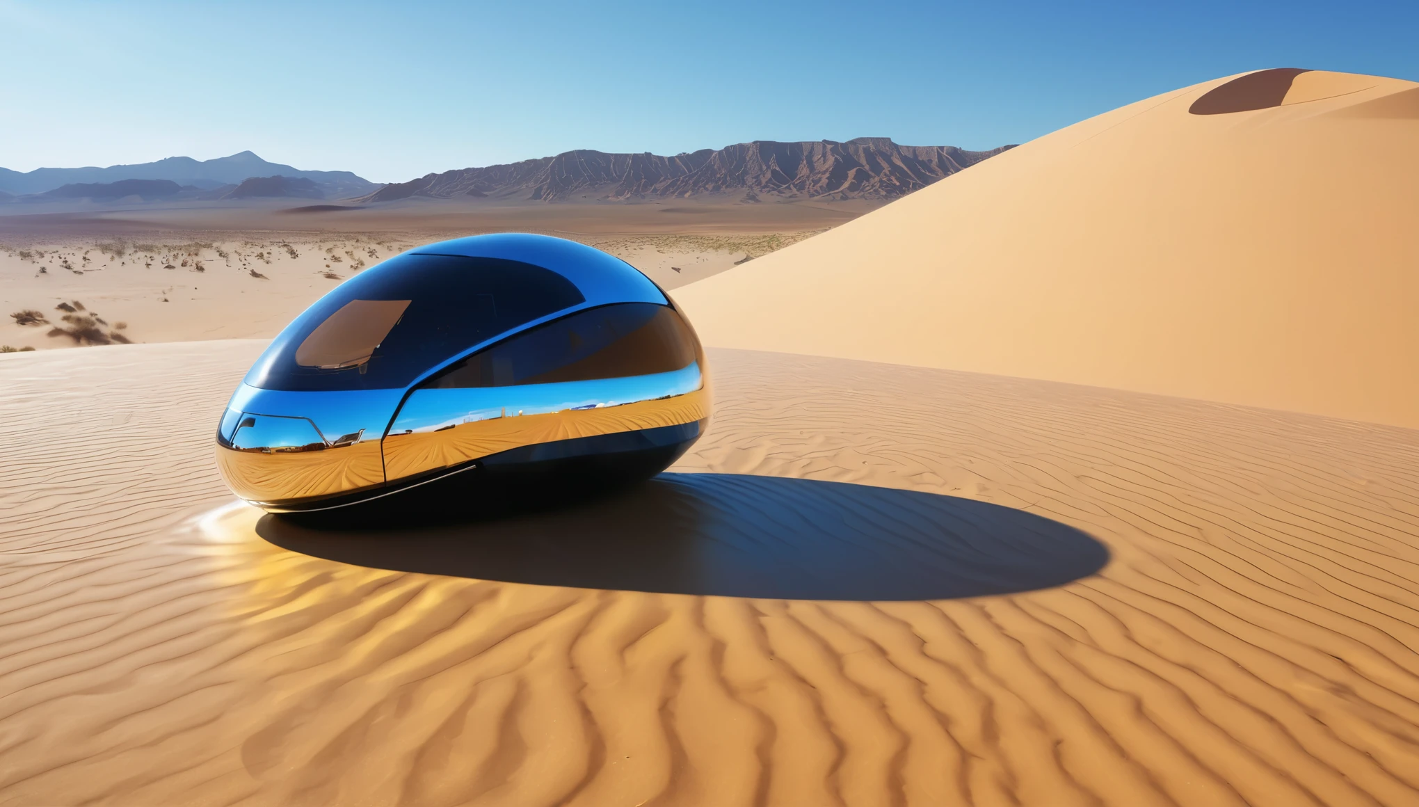 (best quality,4k,8k,highres,masterpiece:1.2), ultra-detailed, (realistic,photorealistic,photo-realistic:1.37), small shiny spaceship, ((computer mouse shape)), 2 seats, flying above the desert, desert landscape, illuminated by warm sunlight, clear blue sky, sand dunes stretching far into the distance, subtle wind blowing sand particles, sparkling chrome exterior, sleek and aerodynamic design, curved edges and smooth lines, polished metal surfaces reflecting sunlight, futuristic cockpit window, panoramic view of the desert below, control panel with blinking lights and holographic displays, comfortable and ergonomic seats, black leather upholstery, illuminated buttons and switches, advanced navigation system, pilot and copilot wearing sleek black uniforms, protective helmets with transparent visors, spaceship hovering effortlessly above the sandy desert, casting a shadow on the golden sand, leaving behind a trail of shimmering blue particles, blending seamlessly with the azure sky, creating a surreal and awe-inspiring scene.