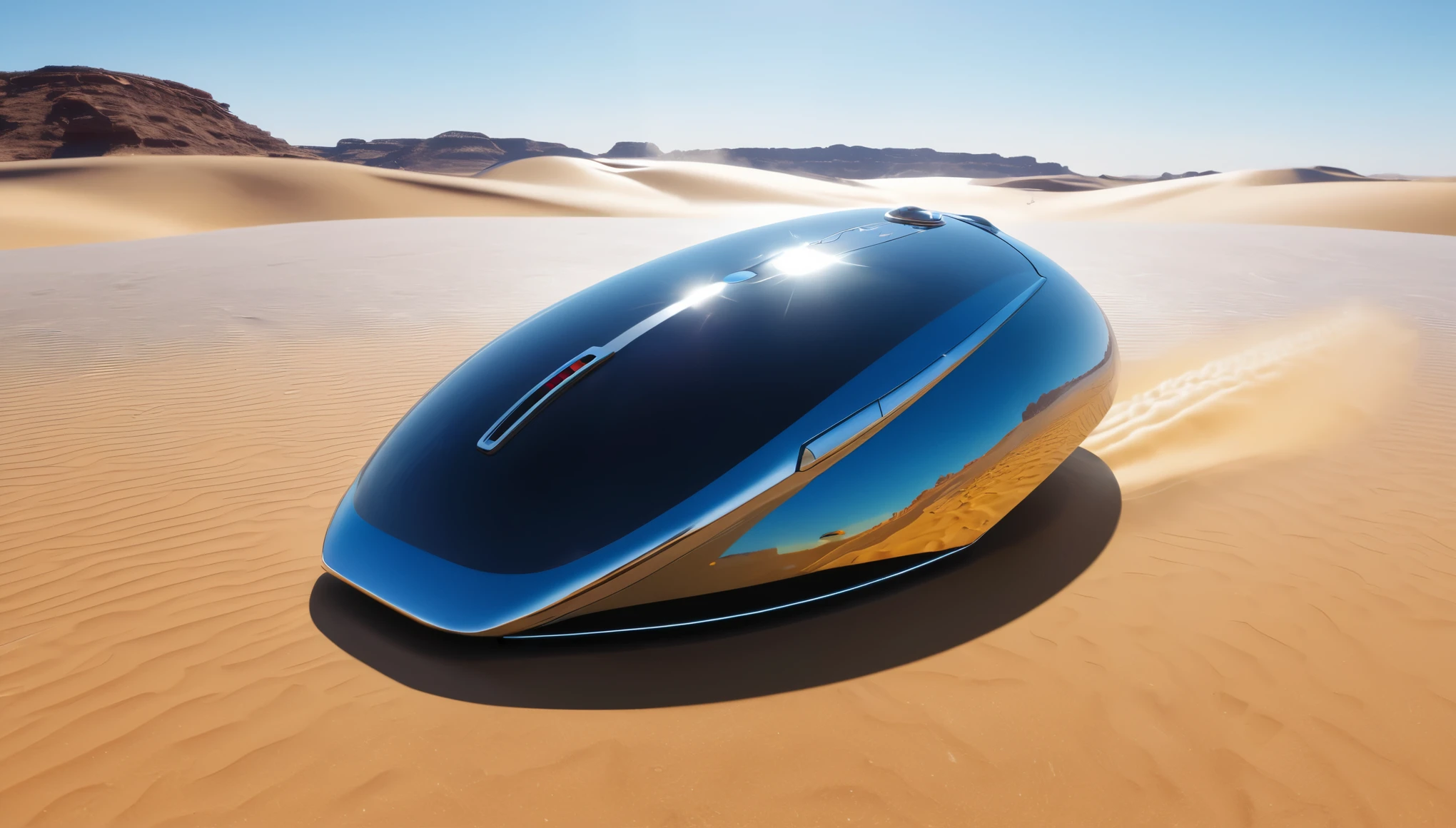 (best quality,4k,8k,highres,masterpiece:1.2), ultra-detailed, (realistic,photorealistic,photo-realistic:1.37), small shiny spaceship, ((computer mouse shape)), 2 seats, flying above the desert, desert landscape, illuminated by warm sunlight, clear blue sky, sand dunes stretching far into the distance, subtle wind blowing sand particles, sparkling chrome exterior, sleek and aerodynamic design, curved edges and smooth lines, polished metal surfaces reflecting sunlight, futuristic cockpit window, panoramic view of the desert below, control panel with blinking lights and holographic displays, comfortable and ergonomic seats, black leather upholstery, illuminated buttons and switches, advanced navigation system, pilot and copilot wearing sleek black uniforms, protective helmets with transparent visors, spaceship hovering effortlessly above the sandy desert, casting a shadow on the golden sand, leaving behind a trail of shimmering blue particles, blending seamlessly with the azure sky, creating a surreal and awe-inspiring scene.