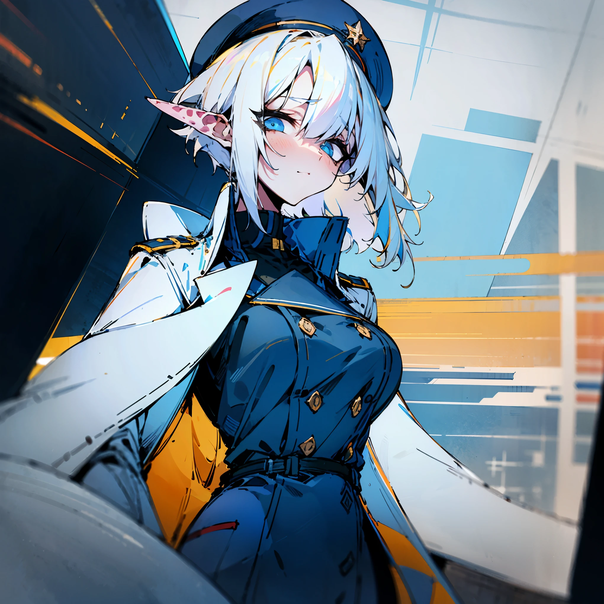 (Masterpiece, Top Quality, Best Quality, Official Art, Beauty and Aesthetics: 1.2), (Flat Color: 1.3), Very Detailed, Detailed Face and Eyes, Cinematic Light, SFW, Anime, Depth of Field, 1 Girl, Solo, Official, White Hair, Elf Ears, Short Hair, Blue Eyes, Black Eye Shadow, Medium Tits, White Beret, White Trenchcoat, Military, SS Officer, Buttoned Up