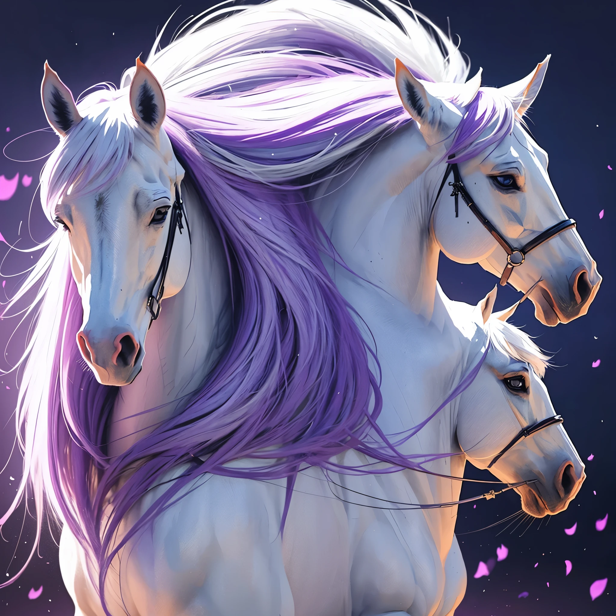 make picture of an anime majestic white horse with shades of rich purple colors on the ends or edges of the tail hair, the middle of the picture must have the word KONANTO written in bold calligraphy, the background of the picture must have the color Reflex Blue