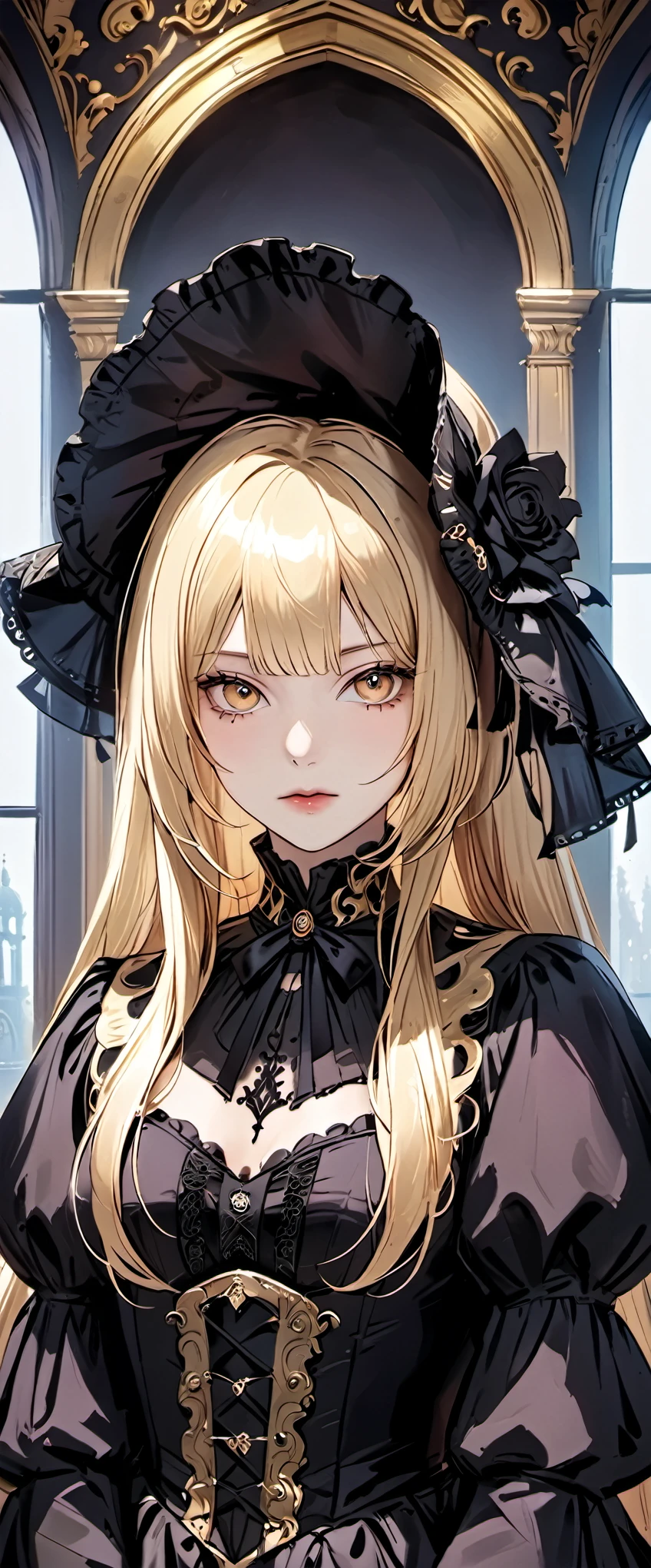 woman wearing dress and boots , baroque dress, wearing a detailed steampunk dress, elegant gothic princess, victorian gothic lolita fashion, historical baroque dress dark, black gothic lolita dress, fantasy style clothing, rococo dress, black rococo,  fantasy costume, wearing a gothic dress, romantic dress, gothic dress,blonde,,(((upper body portrait)))
