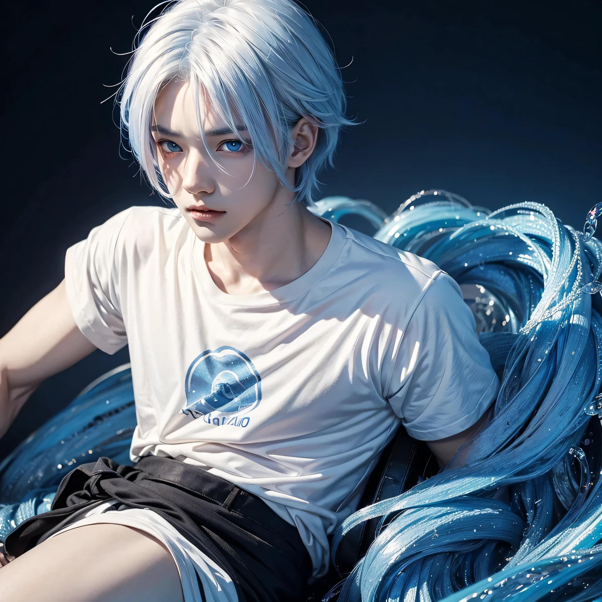 A anime boy look like saturo gojo but wearing a t-shirt with blue eyes and white hair , 8k resolution , masterpiece , anime