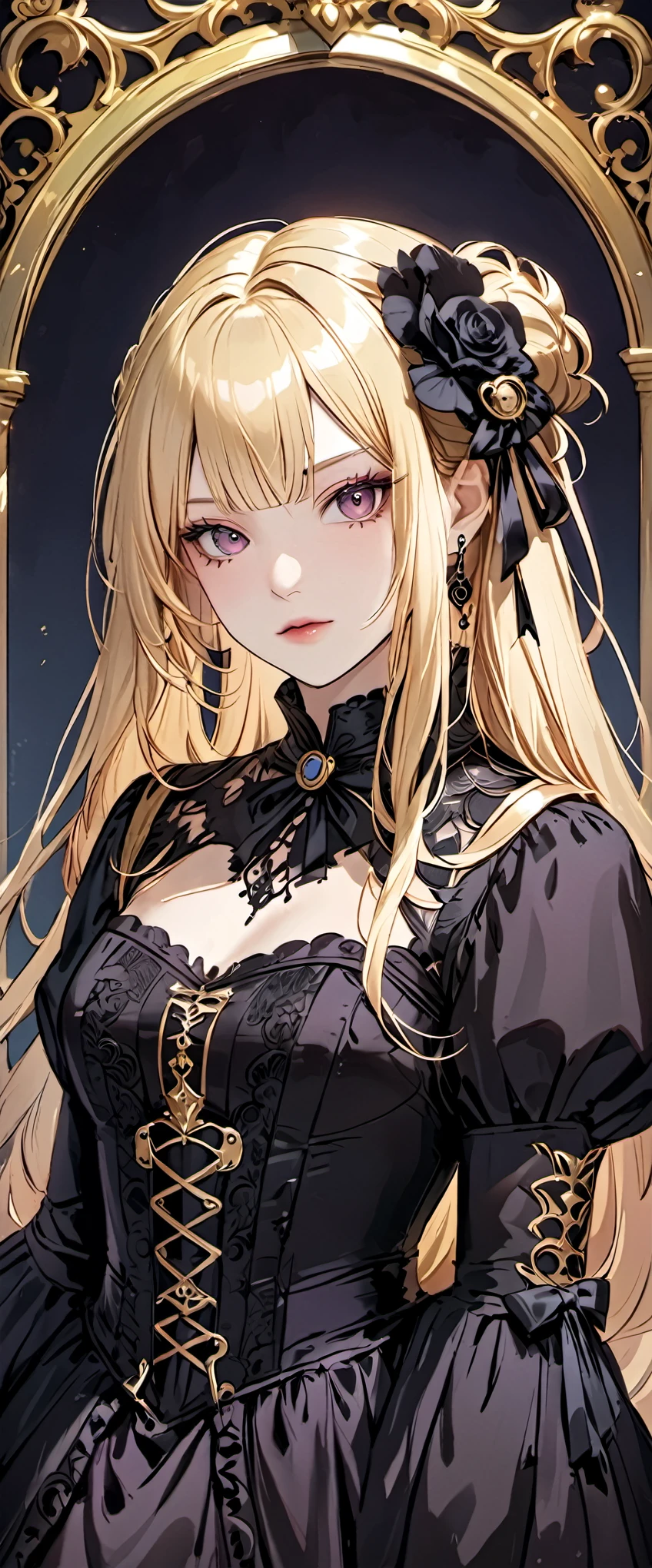 woman wearing dress and boots , baroque dress, wearing a detailed steampunk dress, elegant gothic princess, victorian gothic ta fashion, historical baroque dress dark, black gothic loliress, fantasy style clothing, rococo dress, black rococo, fantasy costume, wearing a gothic dress, romantic dress, gothic dress,blonde,,(((upper body portrait)))
