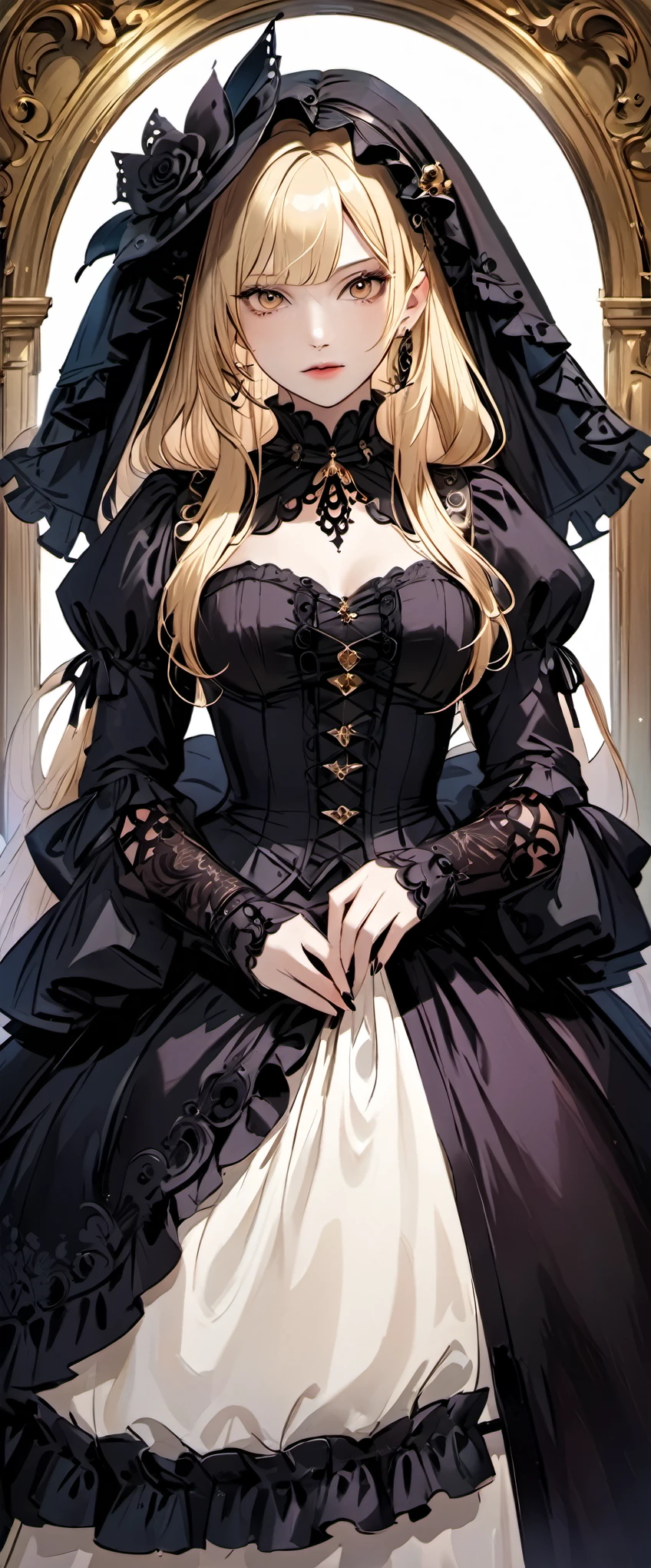 woman wearing dress and boots , baroque dress, wearing a detailed steampunk dress, elegant gothic princess, victorian gothic ta fashion, historical baroque dress dark, black gothic loliress, fantasy style clothing, rococo dress, black rococo, fantasy costume, wearing a gothic dress, romantic dress, gothic dress,blonde,,(((upper body portrait)))