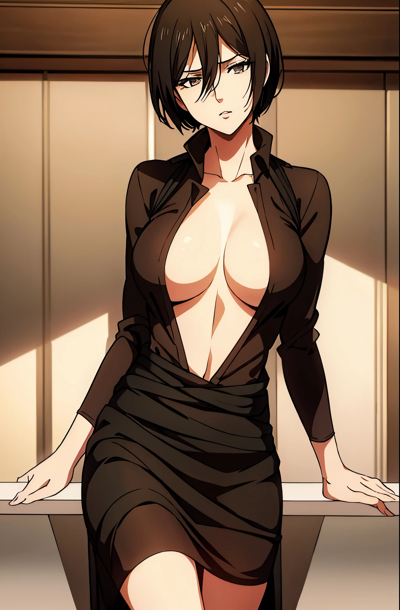 masterpiece,best quality,1girl,,mikasa ackerman,short hair between eyes,black dress,mature woman,tube dress,looking at viewer,short hair,