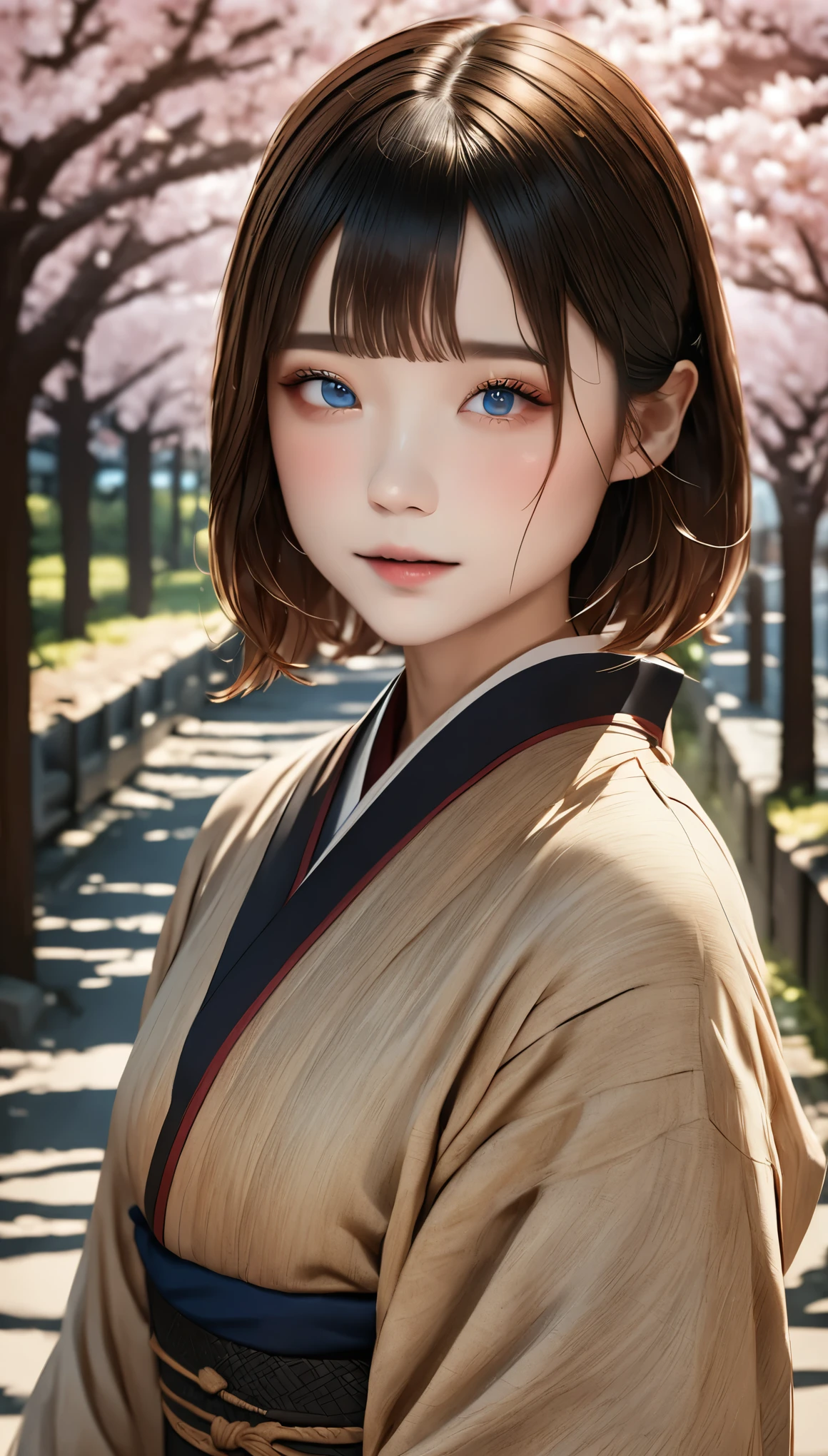 (kimono)、Japanese clothing、(highest quality,masterpiece:1.3,超A high resolution,),(Super detailed,caustics),(Photoreal:1.4,RAW shooting,)ultra-realistic capture,very detailed,High resolution 16K suitable for human skin、cute顔、１６talent、baby face、 natural skin texture、anime style、Skin tone looks even and healthy、 Use natural light and color,one woman,Japanese,,cute,beautiful silky brown hair,middle hair,(Depth of written boundary、chromatic aberration、wide lighting range、natural shading、)、(hair swaying in the wind:1.3)、(Cherry tree in full bloom:1.*****shino cherry tree、The beautiful city of Kyoto