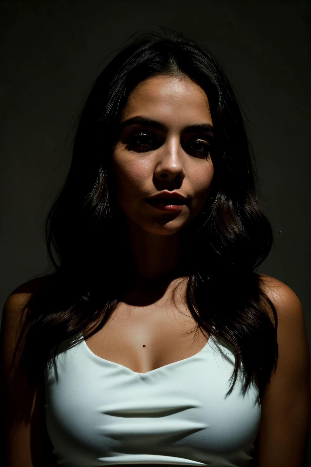 foto cruda, Face portrait photo of beautiful 26 years old..oh mujer, cara linda, vistiendo un vestido negro, cara feliz, sombras duras, cinematic shot, dramatic lighting