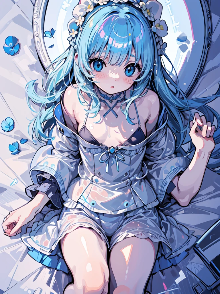 1 girl, white fluffy bikini, (((wet))), white room, cinematic lighting, hot room, beautiful longer neck, choker,relaxing, knees up:1.5, sleepy milky face, white micro-bikini, beautiful longer thighs, pale skin, beautiful slender face、nap-time , detailed hair, (beautiful big round eyes), (ultra-intricate pupil in eyes, shiny eyes), long eyelashes, double eyelids, parted lips, kawaii, cute, ( flat chest), slender, (ultra delicate and beautiful skin), insanely detailed clothes, perfect anatomy, dynamic angle, BREAK (masterpiece, best quality), (ultra-detailed 8K), (perfect design), absurdres, highres, ((blush)), (super fine illustration), ((light blue long hair))), 17 years old, long hair ((blush)), masterpiece, best quality, (amazing, beautiful detailed eyes, blunt bangs),、(Top resolution、Distinct_image) best qualtiy、(((Transparency)))、contrasts of light and shadow、simple background、((Soaring blue petals))、((illuminating))、ighly detailed、Semi-realistic、((makeups)),Braided hairstyle、deadpan、((White shirt))、((View from above))、delicated facial features、Facial features、Full body like、with panda