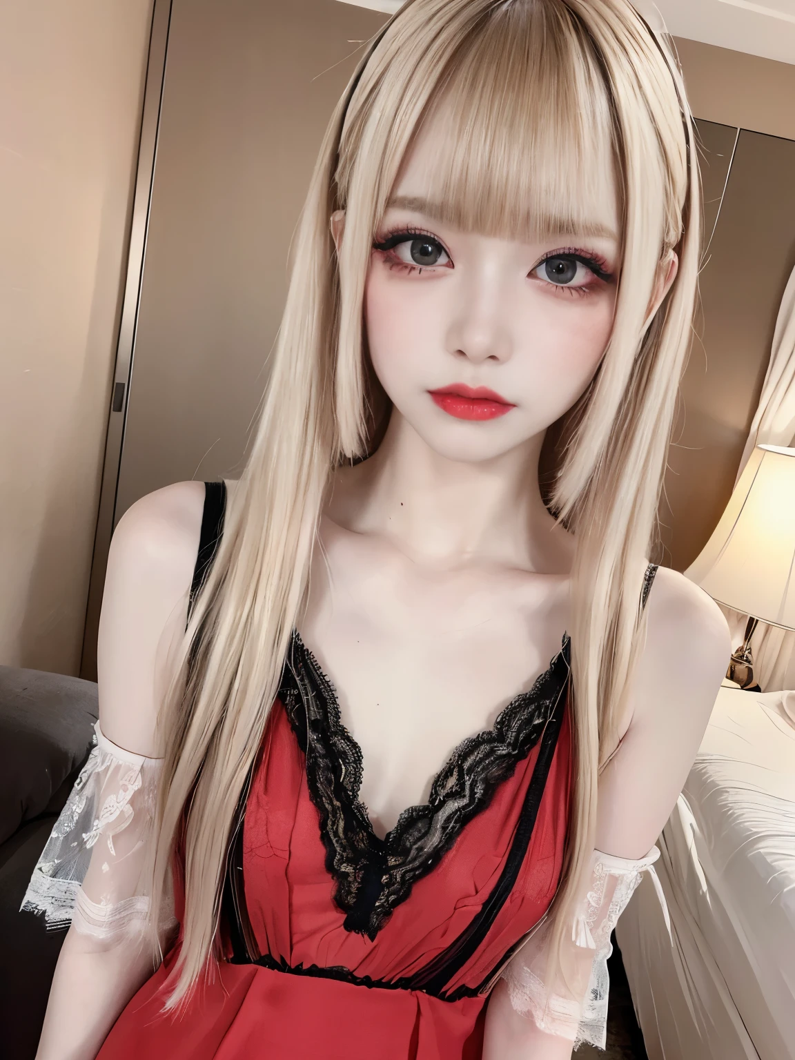 raw photo, 8k, (top-quality), Realistic, (real picture, Intricate details), (natural skin texture, detailed skin, hyper realism, sharpness), (Japanese teenage girl in a hotel, look down, bedroom), ((red camisole dress, sleeveless, see-through, lace dress)), (pale skin:1.2), slender body, ((light blond hair:1.3, long hair, blunt bangs)), (melancholy face, expression of sadness, Parted lips:1.3, eye shadow, eyeline, tear bag:1.2, red lip, undereye circle, crying, shed tears:1.2), night time, full body shot