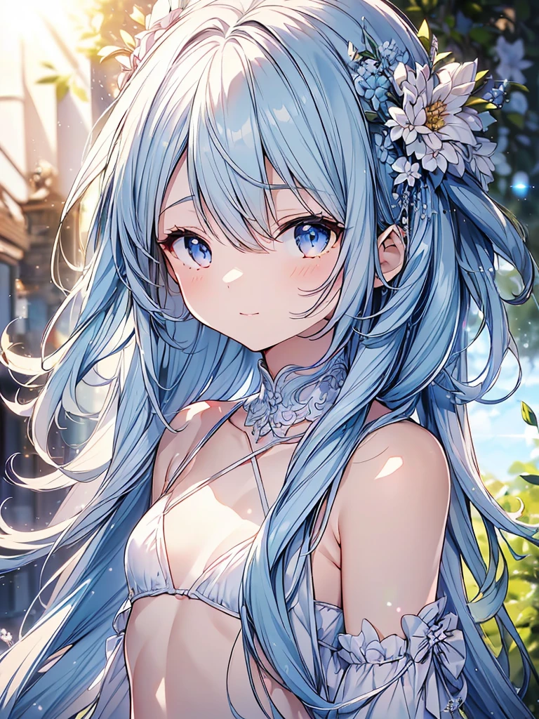 masterpiece, best quality, extremely detailed, (illustration, official art:1.1), 1 girl ,(((( black long hair)))), light blue hair, ,10 years old, long hair ((blush)) , cute face, big eyes, masterpiece, best quality,(((((a very delicate and beautiful girl))))),Amazing,beautiful detailed eyes,blunt bangs((((little delicate girl)))),tareme(true beautiful:1.2), sense of depth,dynamic angle,affectionate smile, (true beautiful:1.2),,(tiny 1girl model:1.2),(flat chest)), Soft Focus , (Bright gradient watercolor :1.5, Lens Flare:1.5 , Glitter :1.5), Glow , Dreamy Grid illusion, Colorful, girl、((extremely detailed eye:1.5)),ace Zoom:1.5,,(((​masterpiece、top-quality、top-quality、watercolor paiting)))(Curly)、Official art、Beautifully Aesthetic:1.2)、,(Fractal Art:1.3)、The upper part of the body、colourfull、((Ultra-detailed retina:1.5))、embarrassed from、(Midriff)、((Super Detail Eyes:1.5))、(rainbow-colored hair、colourful hair、Half blue and half light blue hair:1.5)、((the Extremely Detailed CG Unity 8K Wallpapers、​masterpiece、top-quality))、((ultra-detailliert:1.2))、(The best lighting、Best Shadows、extremely delicate and beautiful)、