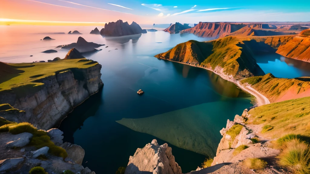 (Ultra Wide Angle: 1.1), A breathtaking landscape photo captured with an ultra wide angle lens, showcasing an expansive and dramatic scene, anchored by towering mountains that reach towards a clear blue sky, rolling hills that cascade into an expansive beach, and a vibrant sunset that paints the horizon with dynamic colors. The intricate details of the scene are captured in a shallow depth of field, resulting in distorted perspectives that emphasize the vastness of the space. Objects in the distance appear smaller, yet still intricately detailed, adding to the sense of epic grandeur. The composition is crisp and clear, with dramatic shadows and exaggerated text