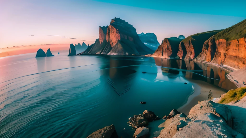 (Ultra Wide Angle: 1.1), A breathtaking landscape photo captured with an ultra wide angle lens, showcasing an expansive and dramatic scene, anchored by towering mountains that reach towards a clear blue sky, rolling hills that cascade into an expansive beach, and a vibrant sunset that paints the horizon with dynamic colors. The intricate details of the scene are captured in a shallow depth of field, resulting in distorted perspectives that emphasize the vastness of the space. Objects in the distance appear smaller, yet still intricately detailed, adding to the sense of epic grandeur. The composition is crisp and clear, with dramatic shadows and exaggerated text