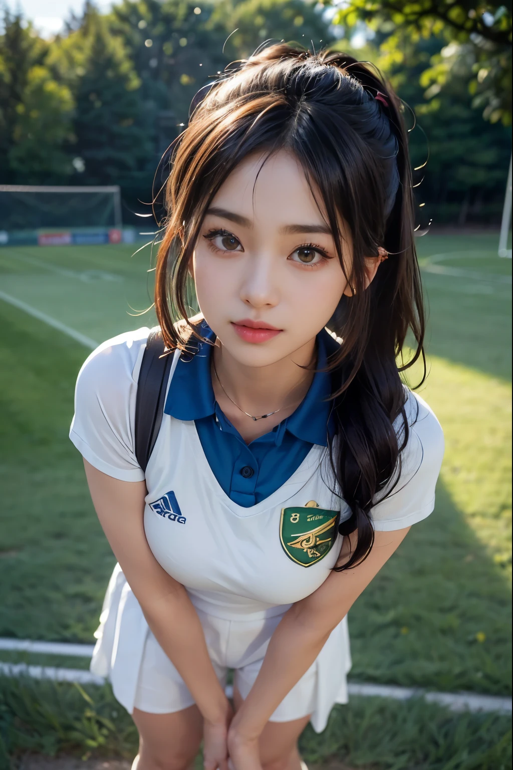 (8K、top-quality、tmasterpiece:1.2)、(hentail realism、Photorealsitic:1.37)、ultra - detailed、top-quality、超A high resolution、profetional lighting、photon maping、Radio City、physically-based renderingt、Cinematic lighting、play soccer、depth of fields,on focus,rays of sunshine,Well structured,(the background is blurred:1.2),1 rapariga,(full body Esbian),(Keep your mouth shut),Beautiful eyes,Lewd poses,zoomed out,Cricketuniform,brunette color hair,Beautiful straight hair,poneyTail(ulzzang-6500:1.2) mix4, hiqcgbody、Sweaty beauty、large full breasts、Beautiful woman in a cricket uniform、Dramatic Sexy、Realistic Photos、Cricket court、Face with exquisite details、Beautiful and perfect、Muscular beauty