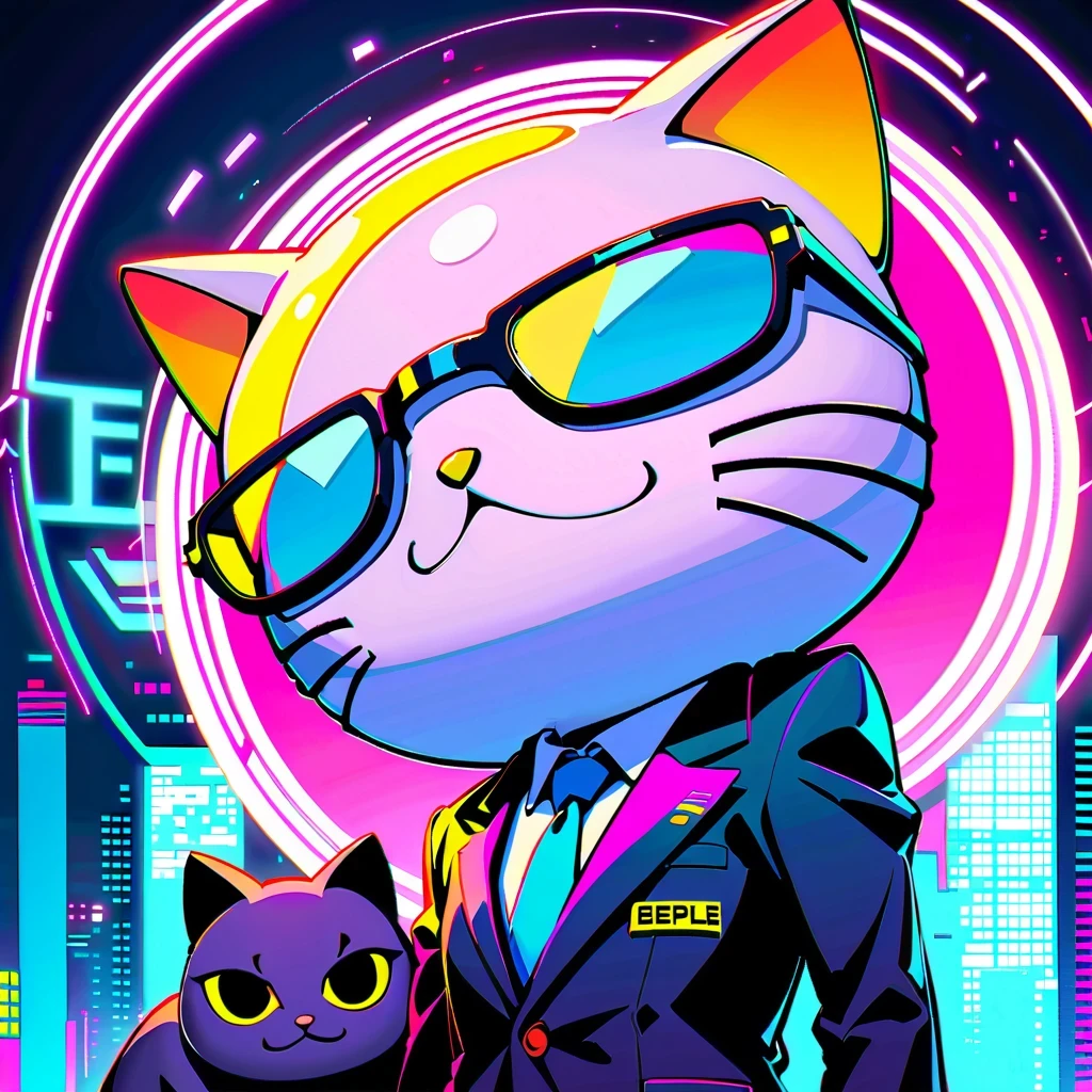 cyberpunk, anthropomorphic cat, The art of math, neon lights, So cool, elegant, suit, Glasses, tie, digital painting, Estilo Synthwave, plush The art of math, Buzzer, retro art