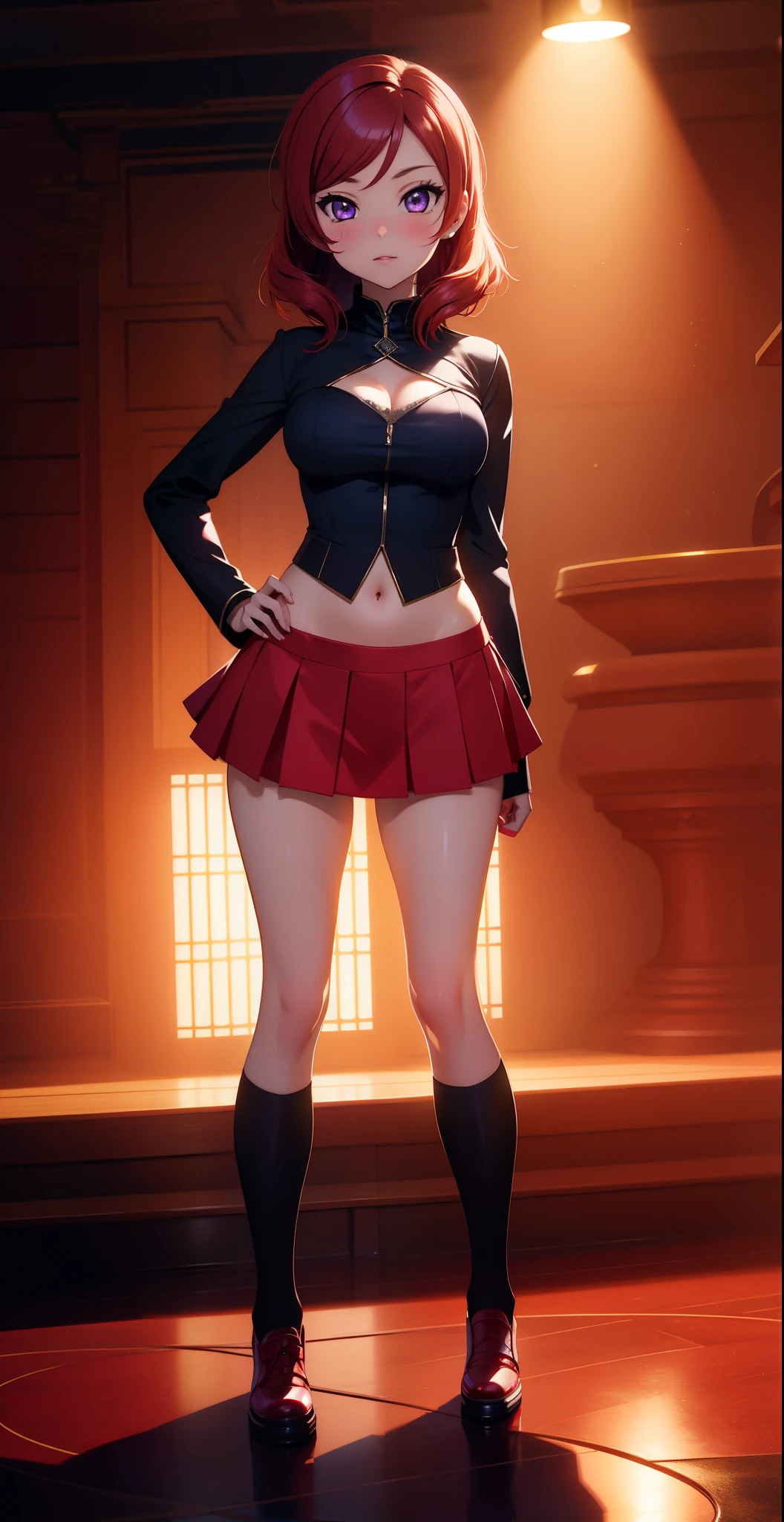 (Masterpiece, Best Quality, High Quality), facing viewer,volumetric lighting, illustration, beautiful, tight , Blushing, looking at viewer, ,mini skirt,thighs,solo, posing for picture, seductive, perfect lighting, perfect shadows, nishikino maki, purple eyes,red hair