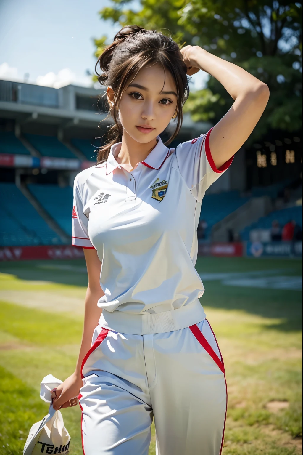 (8K、top-quality、tmasterpiece:1.2)、(hentail realism、Photorealsitic:1.37)、ultra - detailed、top-quality、超A high resolution、profetional lighting、photon maping、Radio City、physically-based renderingt、Cinematic lighting、play cricket、depth of fields,on focus,rays of sunshine,Well structured,(the background is blurred:1.2),1 rapariga,(full body Esbian),(Keep your mouth shut),Beautiful eyes,Lewd poses,zoomed out,Cricketuniform,brunette color hair,Beautiful straight hair,poneyTail(ulzzang-6500:1.2) mix4, hiqcgbody、Sweaty beauty、large full breasts、Beautiful woman in a cricket uniform、Dramatic Sexy、Realistic Photos、Cricket court、Face with exquisite details、Beautiful and perfect、Muscular beauty