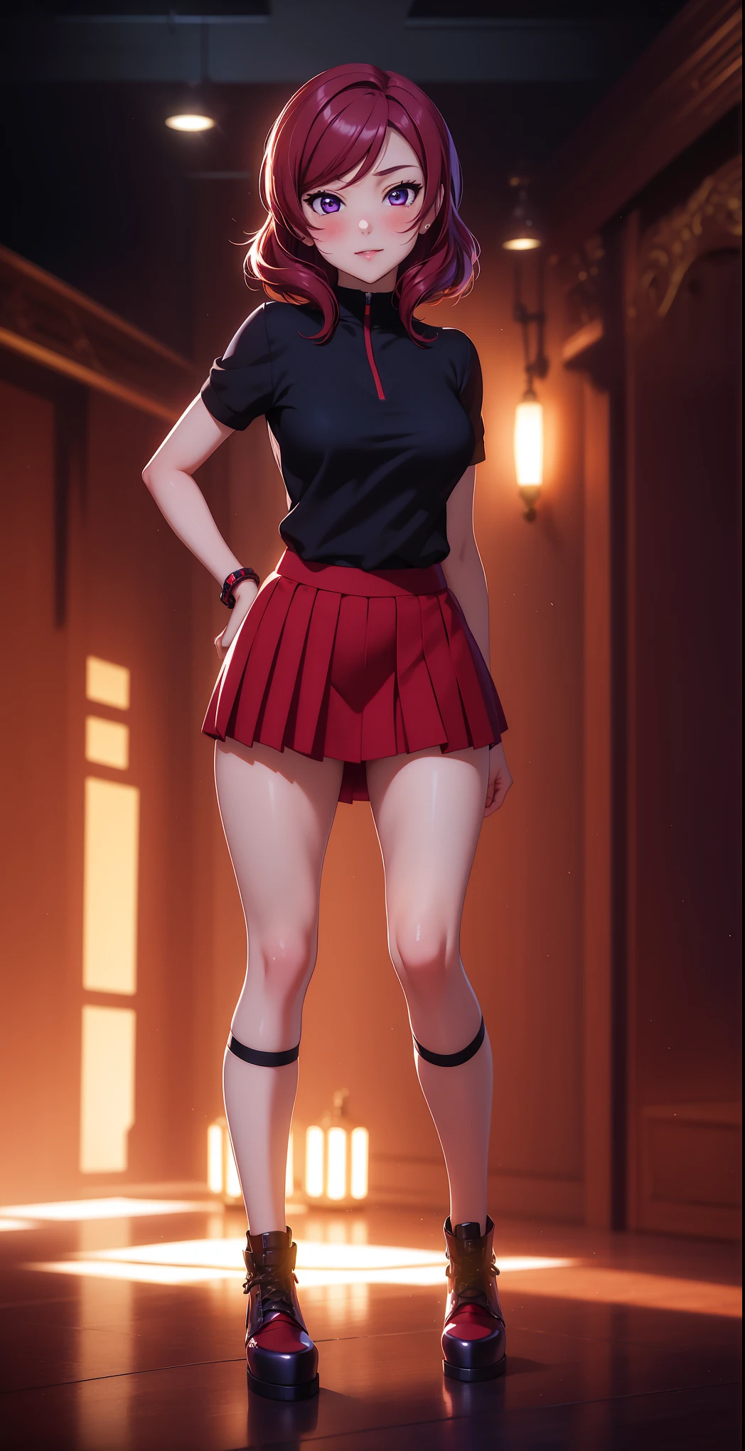(Masterpiece, Best Quality, High Quality), facing viewer,volumetric lighting, illustration, beautiful, tight , Blushing, looking at viewer, ,mini skirt,thighs,solo, posing for picture, seductive, perfect lighting, perfect shadows, nishikino maki, purple eyes,red hair