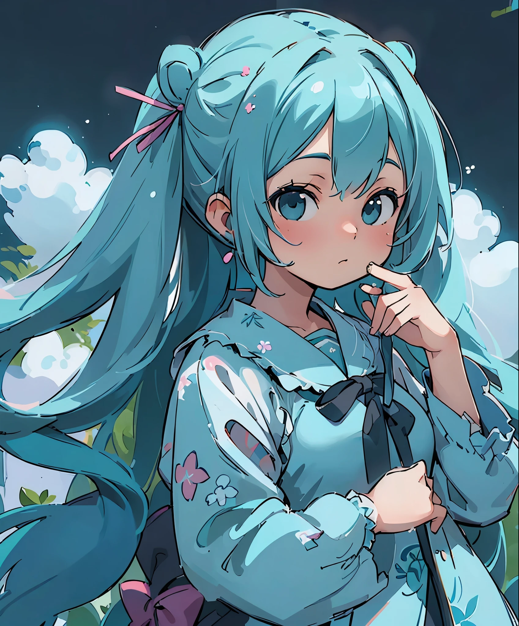 (masterpiece、highest quality、highest quality、official art、beautiful beautiful:1.2)、(1 girl:1.3)Hatsune Miku、twin tails,big breasts,absurd, High resolution, super detailed, (1 girl:1.3), Design images featuring beautiful calligraphy, With expressive characters, blessed prosperity, and a sense of craftsmanship and technology.、blue hair
