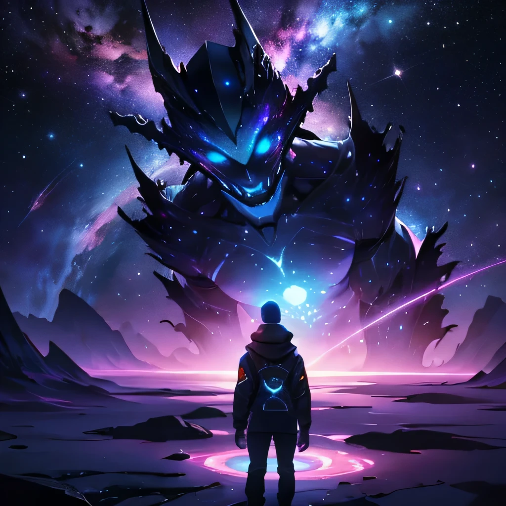 Vast sky landscape, universe without a lid [1.5], Star-studded background and swirling galaxy [Super detailed], gas clouds and nebulae in space [masterpiece: 1.2], Planetary ring casting prismatic reflections [detailed body], celestial bodies of various sizes [highly detailed face], A void filled with vibrational energy [all back hair: 1.2], vast emptiness [very short hair: 1.2], Space spores emerging from the depths [Hyperpex], the infinite expanse of the unknown [open clothes], A star that emits an eerie glow, long shadow [