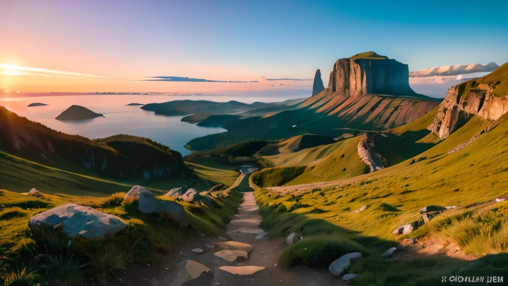 (Ultra Wide Angle: 1.1), A breathtaking landscape photo captured with an ultra wide angle lens, showcasing an expansive and dramatic scene, anchored by towering mountains that reach towards a clear blue sky, rolling hills that cascade into an expansive beach, and a vibrant sunset that paints the horizon with dynamic colors. The intricate details of the scene are captured in a shallow depth of field, resulting in distorted perspectives that emphasize the vastness of the space. Objects in the distance appear smaller, yet still intricately detailed, adding to the sense of epic grandeur. The composition is crisp and clear, with dramatic shadows and exaggerated text
