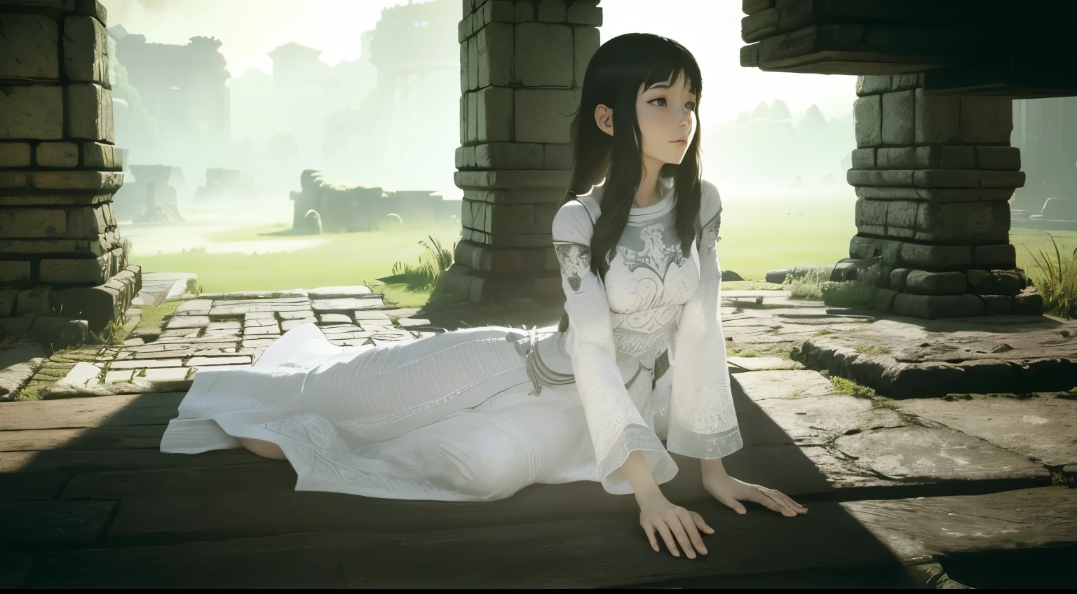 Beautiful girl Mono from shadow of the colossus, awakes from death happy and healthy in wonder, 8k