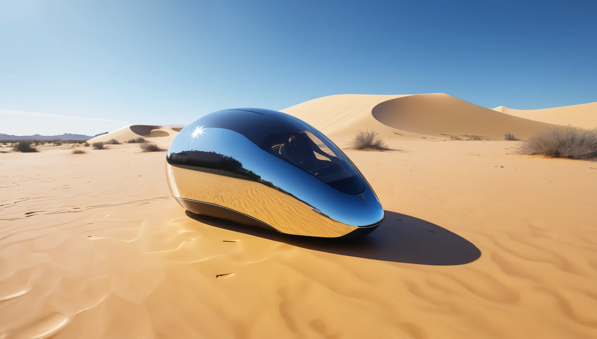 (best quality,4k,8k,highres,masterpiece:1.2), ultra-detailed, (realistic,photorealistic,photo-realistic:1.37), small shiny spaceship, ((computer mouse shape)), 2 seats, flying above the desert, desert landscape, illuminated by warm sunlight, clear blue sky, sand dunes stretching far into the distance, subtle wind blowing sand particles, sparkling chrome exterior, sleek and aerodynamic design, curved edges and smooth lines, polished metal surfaces reflecting sunlight, futuristic cockpit window, panoramic view of the desert below, control panel with blinking lights and holographic displays, comfortable and ergonomic seats, black leather upholstery, illuminated buttons and switches, advanced navigation system, pilot and copilot wearing sleek black uniforms, protective helmets with transparent visors, spaceship hovering effortlessly above the sandy desert, casting a shadow on the golden sand, leaving behind a trail of shimmering blue particles, blending seamlessly with the azure sky, creating a surreal and awe-inspiring scene.