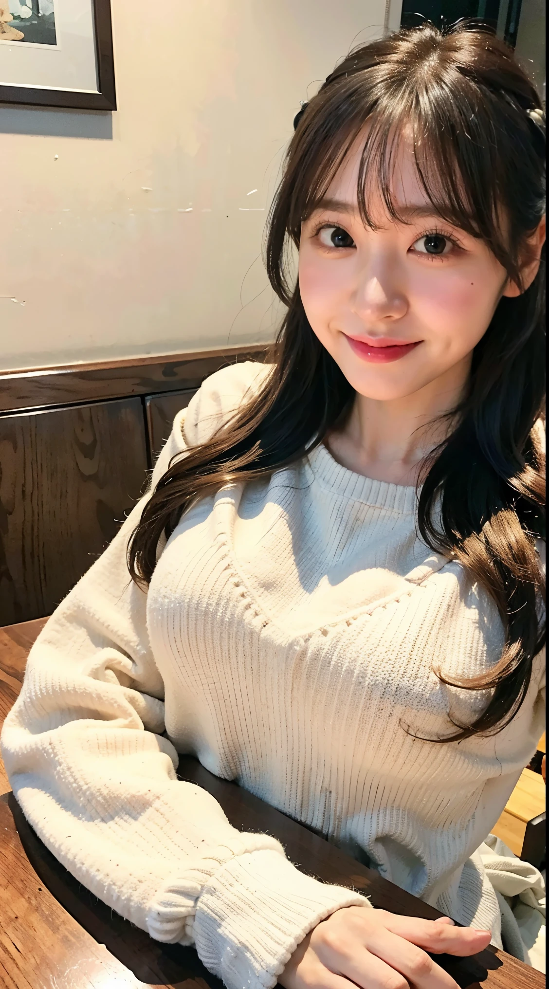 (8K、Raw photo、highest quality、masterpiece:1.2)、(realistic、Photoreal)、Korean、Beauty、(very big breasts:1.1)、long sleeve white knit、(Place your chest completely on the table:1.3)、lean on the table、From the chest down is covered by the table、Shooting through the table、sit on a chair、(library:1.1)、perfect limbs、natural smile、detailed facial expressions、from the front、So that I can feel the weight of my chest、Angle from below