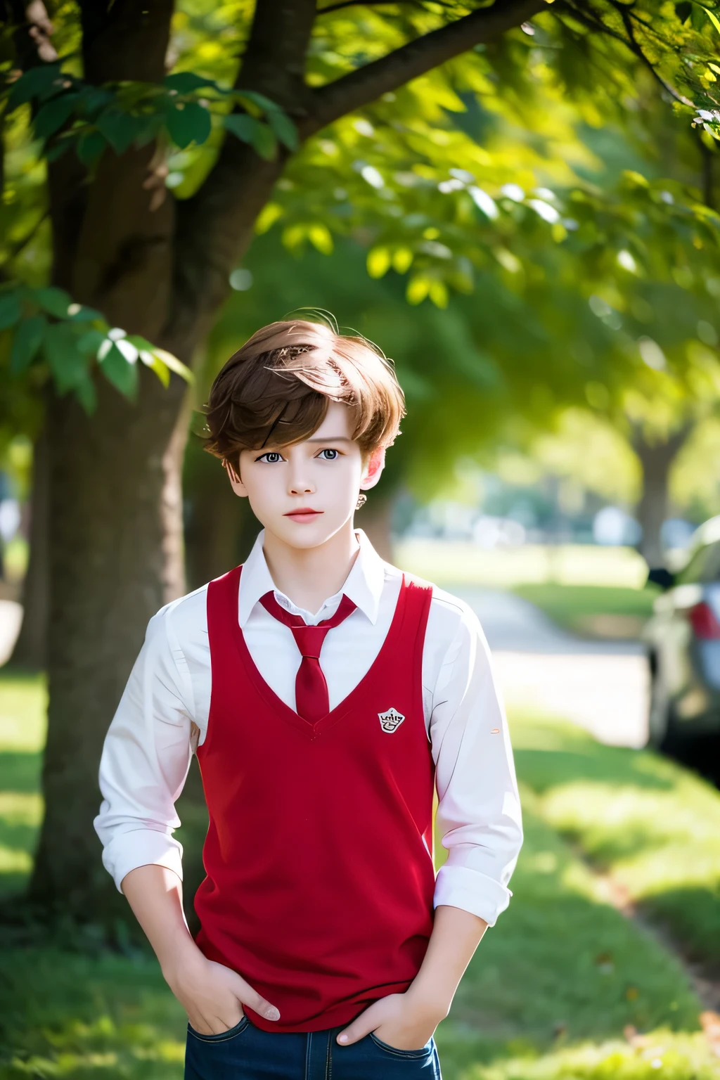 A  beautiful smart boy with red shirt and white shoes , blackjeans, gogels, hair, background in trees blur 